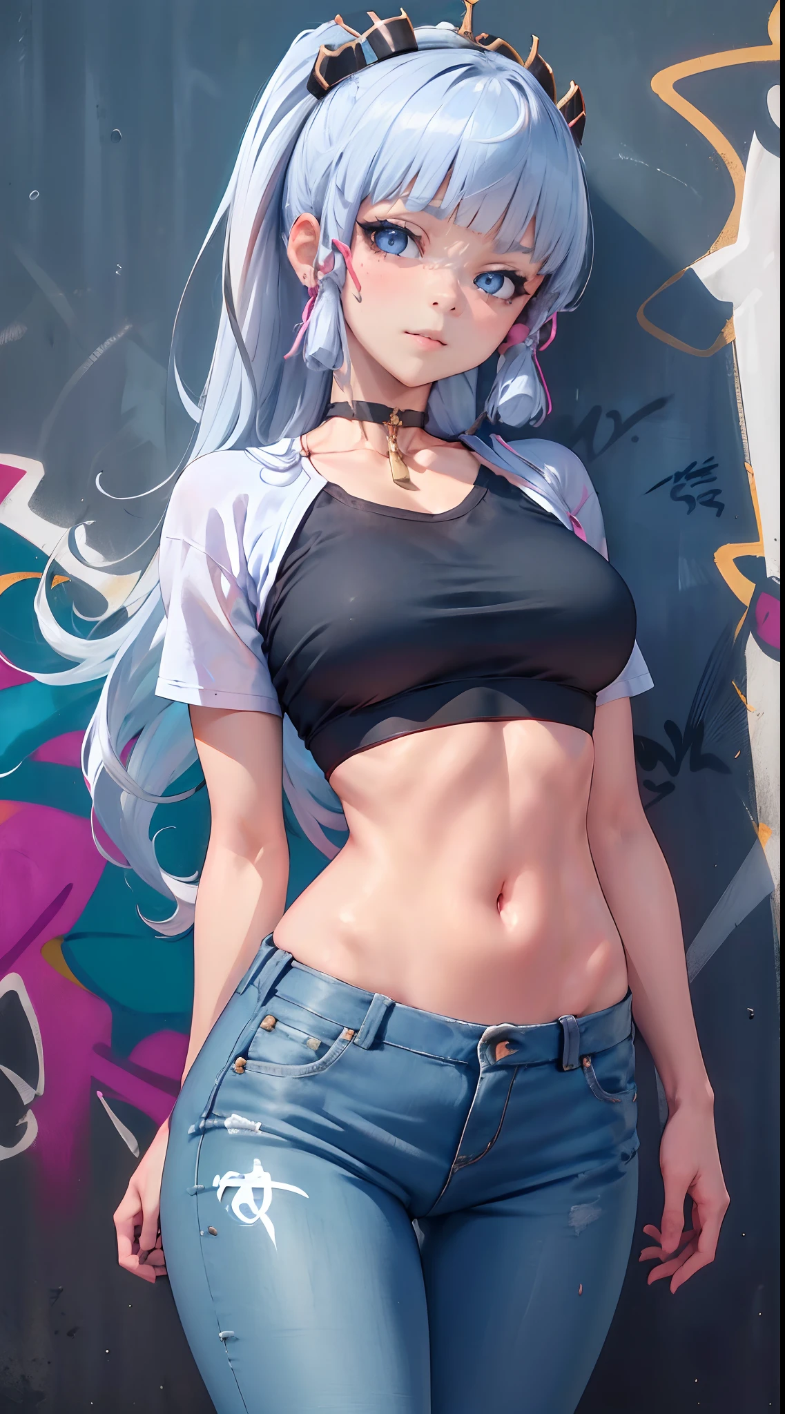 kamisato ayaka|genshin impact, master-piece, bestquality, 1girls,30 years old, proportional body, Big legs, Beautiful, proportional., crop top, Long Jeans, mediuml breasts, ,bara, crop top, choker, (Graffiti:1.5), Splash with purple lightning pattern., arm behind back, against wall, View viewers from the front., Thigh strap, Head tilt, bored,(NSTDA.:1.2), (10, beste-Qualit, master-piece: 1.4), Beautiful red hair, ultra-high resolution, (lifelike, photorealistic portrait: 1.48), (Looking Through Crop Tops.), Famous Japanese actors, beautiful clear eyes, Head tilt, cowboy shot, from the front, looking at the audience, expressionless, Beautiful lake, Zeiss 150mm F/ 2.8 Hasselblad, Whole body, foot, Ultra-Wide Angle,