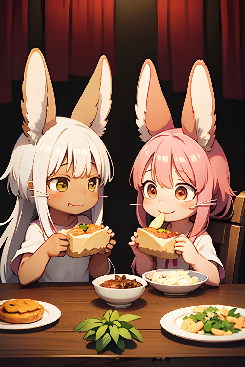 Nanachi and Riko happily eating food from another world、Two Girls、fluffly