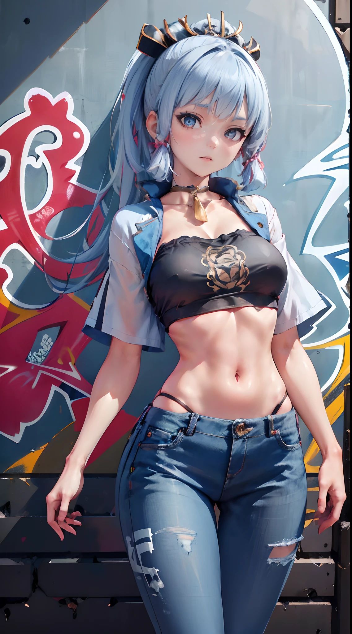 kamisato ayaka|genshin impact, master-piece, bestquality, 1girls,30 years old, proportional body, Big legs, Beautiful, proportional., crop top, Long Jeans, mediuml breasts, ,bara, crop top, choker, (Graffiti:1.5), Splash with purple lightning pattern., arm behind back, against wall, View viewers from the front., Thigh strap, Head tilt, bored,(NSTDA.:1.2), (10, beste-Qualit, master-piece: 1.4), Beautiful red hair, ultra-high resolution, (lifelike, photorealistic portrait: 1.48), (Looking Through Crop Tops.), Famous Japanese actors, beautiful clear eyes, Head tilt, cowboy shot, from the front, looking at the audience, expressionless, Beautiful lake, Zeiss 150mm F/ 2.8 Hasselblad, Whole body, foot, Ultra-Wide Angle,