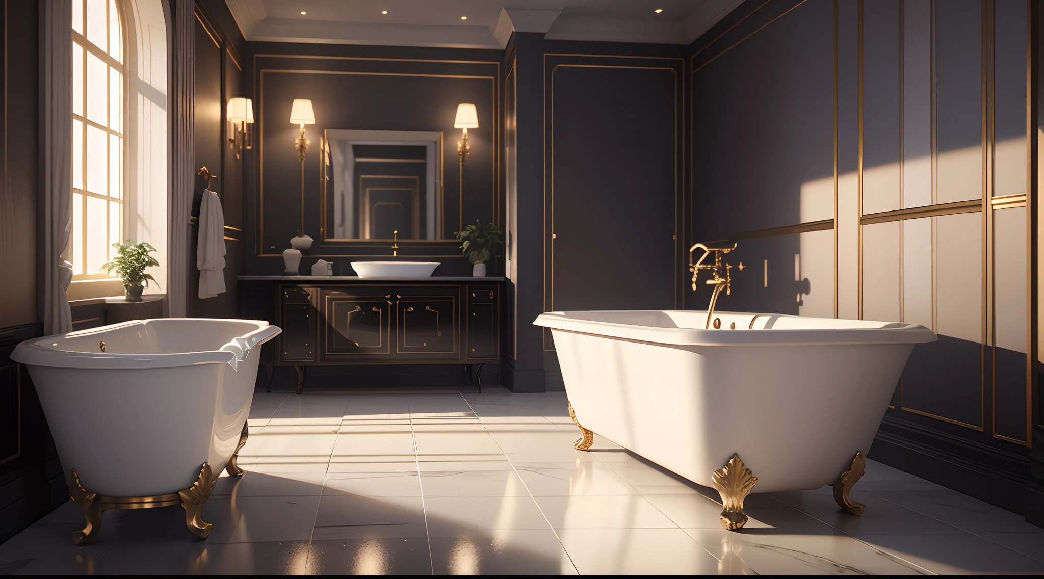 luxurious environment, cinematic render unreal engine, unreal 5 engine render, unreal engine realistic render, unreal 5 engine render, unreal 5 engine highlly render, photorealistic cinematic render, highly realistic unreal engine, Realistic physical rendering, luxury hd render, luxurious indoor setting, Render toilets bathtubs in 8K Unreal Engine Shower heads
