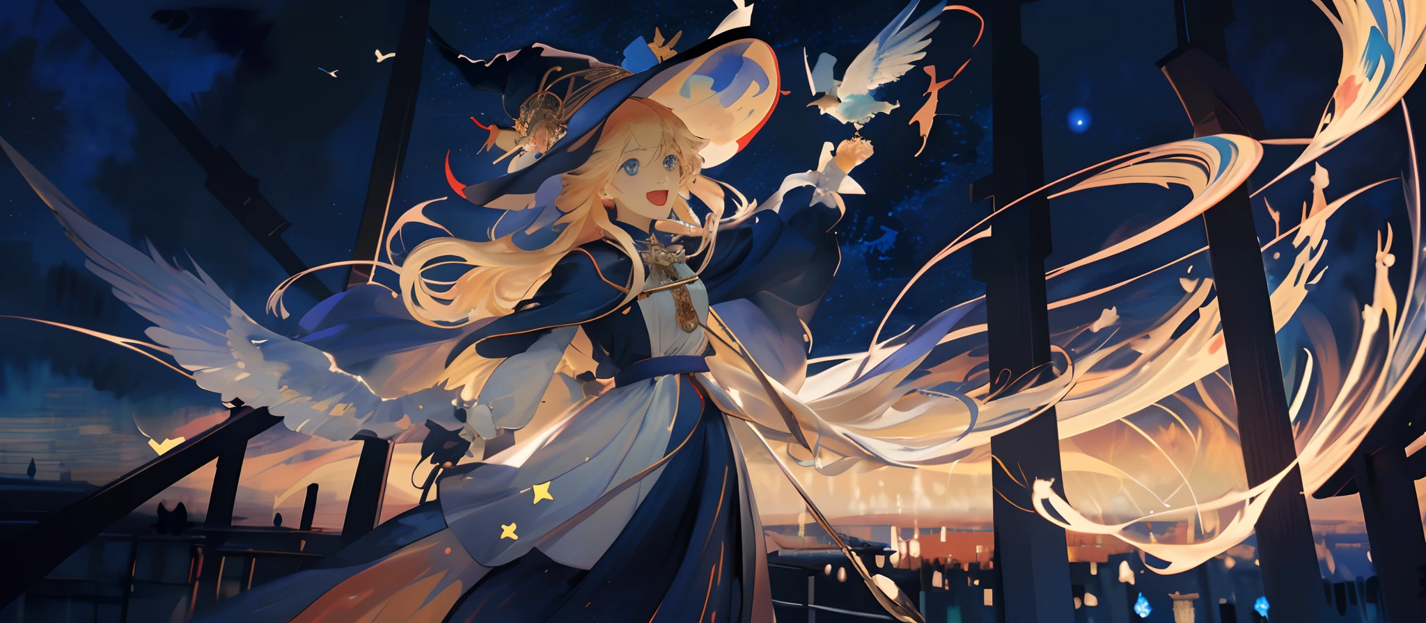 A girl sits at the station,Look at the starry sky clouds outside,fantasy,Dream,llight rays,((Masterpiece:1.2, Best quality)), 1girll, Solo, (Witch hat), Blonde hair, Long hair, dress, aurora, Night, Star (sky), mitts, sky, White dress, Jewel-like water balloon in the air,Night sky, Open mouth, Starry sky, Blue eyes, ribbon, Very long hair, Red dress, Smile, Hair ribbon, Cape, Blue hair, (Bird), magic, casting spell, Dark clouds, Night, (Impressionism:1.4), (tarot:1.3), Alphonse Mucha