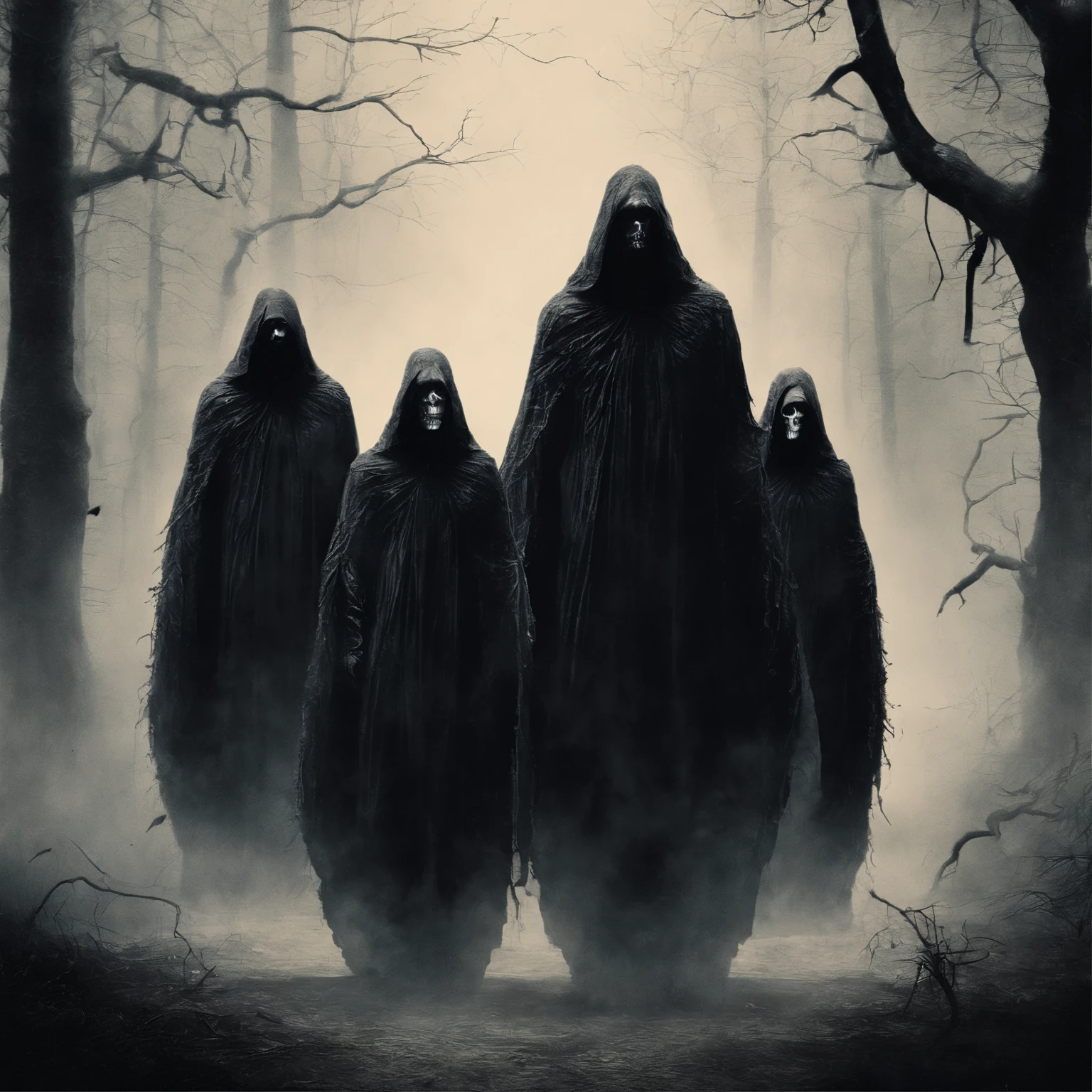 3 dark figures walked over, 3 tall, thin creatures in thick black robes, had long nails, their faces could not be seen, they walked out of the dense forest, filled with smoke and Aura of darkness, night forest background, their mouths grinning.They are dark monsters like domentors