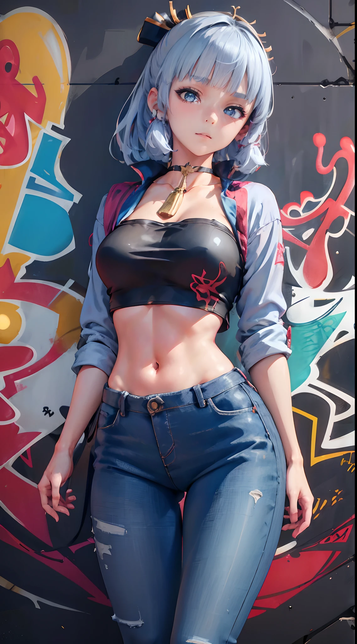kamisato ayaka|genshin impact, master-piece, bestquality, 1girls,30 years old, proportional body, Big legs, Beautiful, proportional., crop top, Long Jeans, mediuml breasts, ,bara, crop top, choker, (Graffiti:1.5), Splash with purple lightning pattern., arm behind back, against wall, View viewers from the front., Thigh strap, Head tilt, bored,(NSTDA.:1.2), (10, beste-Qualit, master-piece: 1.4), Beautiful red hair, ultra-high resolution, (lifelike, photorealistic portrait: 1.48), (Looking Through Crop Tops.), Famous Japanese actors, beautiful clear eyes, Head tilt, cowboy shot, from the front, looking at the audience, expressionless, Beautiful lake, Zeiss 150mm F/ 2.8 Hasselblad, Whole body, foot, Ultra-Wide Angle,