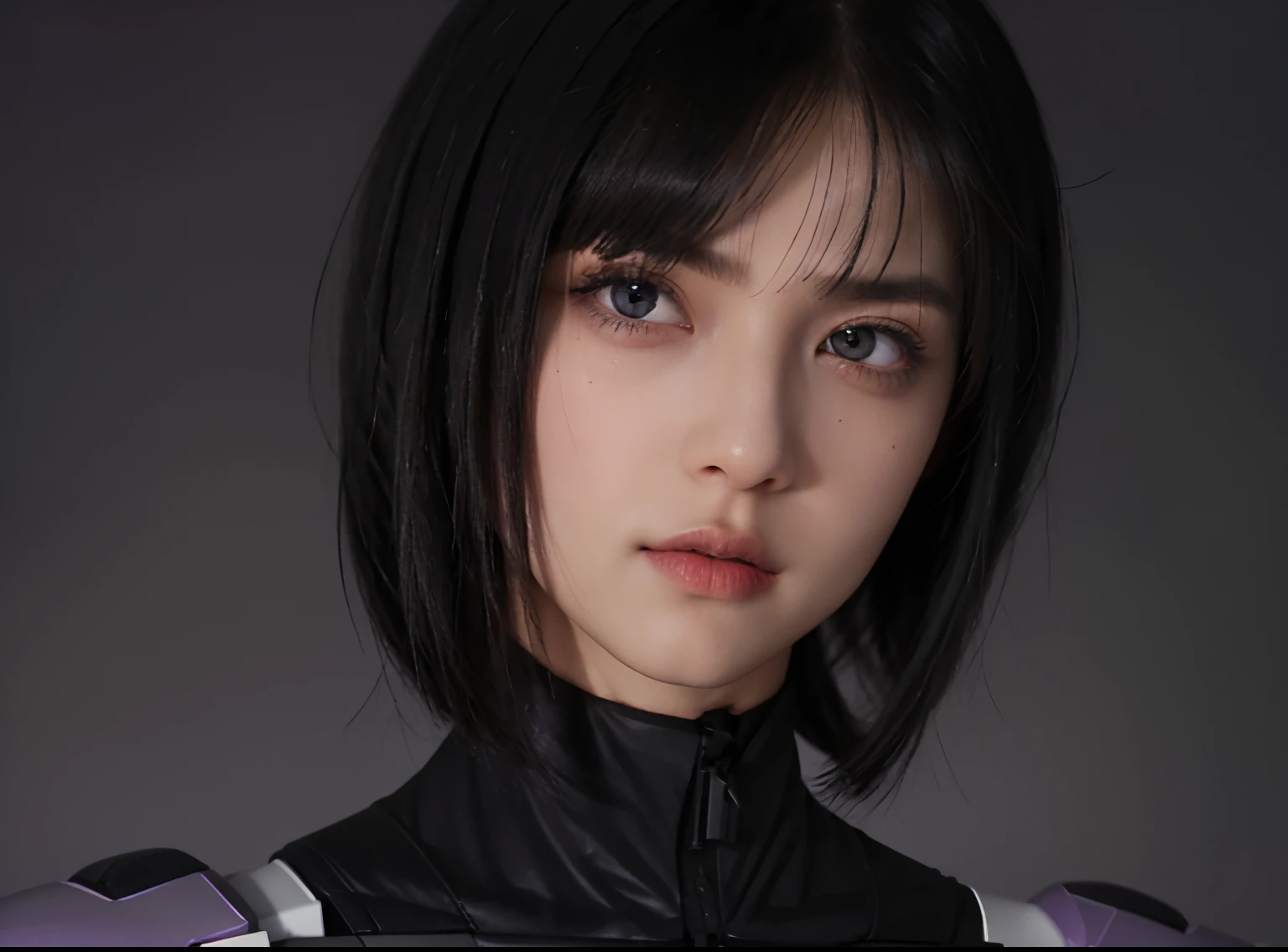 man, male, black and long hair, bob cut with ponytail, light side bangs, light purple eyes, tactical suit, serious face