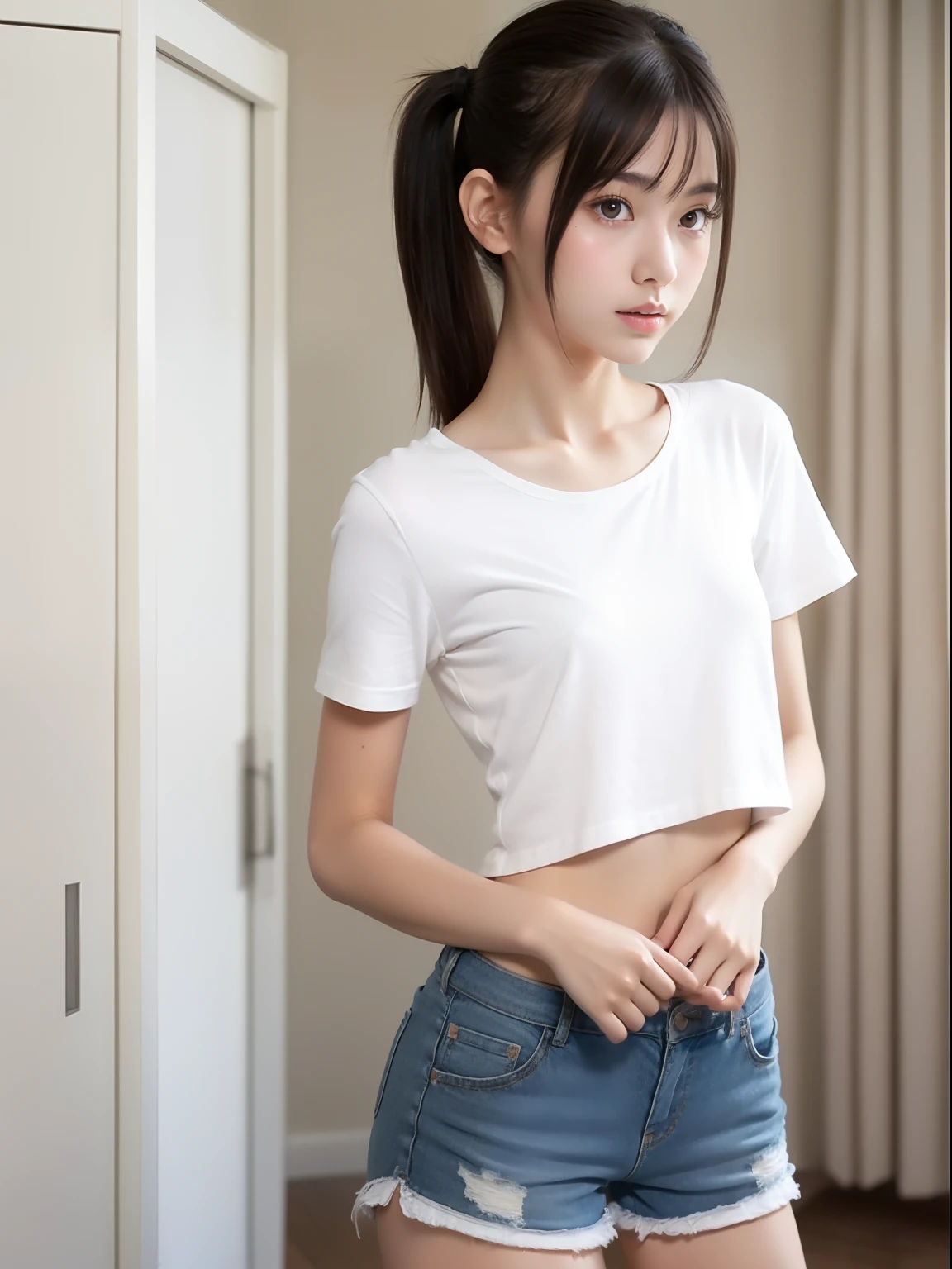 (Sit with your knees，Knees)，年轻，(shortpants)，white t-shirts，teens girl，Delicate body，petite body，Delicate body，small tits，tiny chest，Short，A dark-haired，Twin-tailed，poneyTail