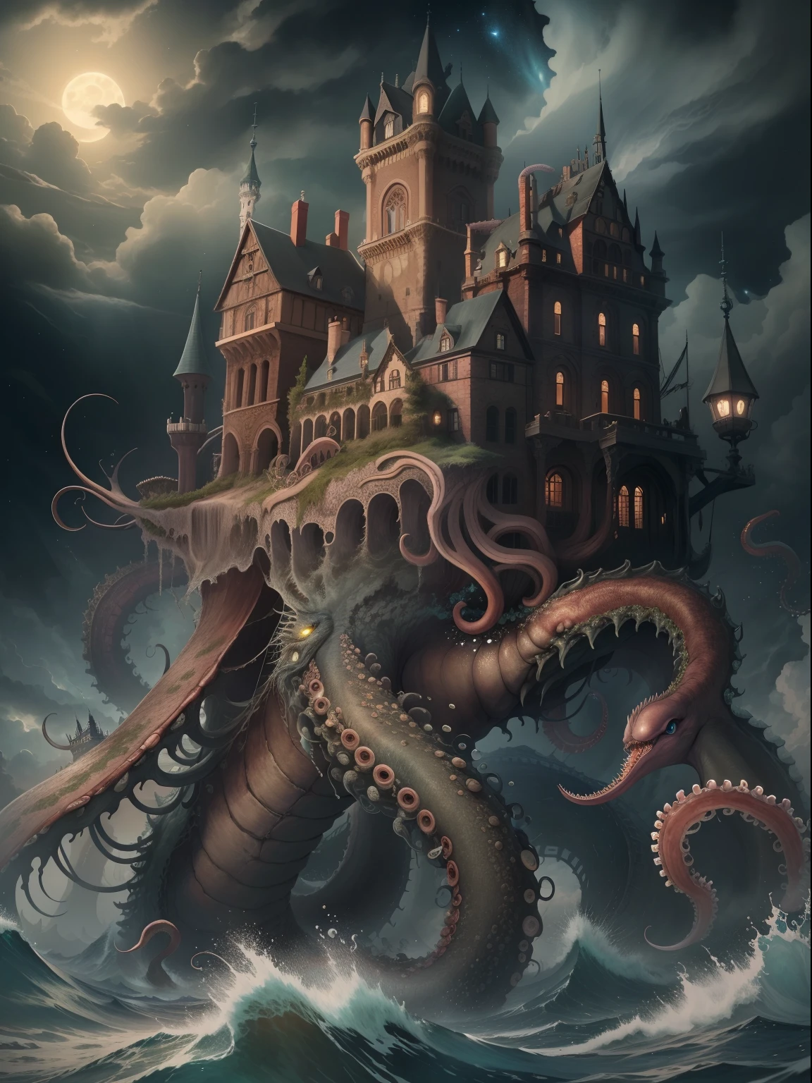 tmasterpiece:Dark castle on the move,Below is the sea monster,(The sea monster holds up the castle),Sea Monster Tentacles,Octopus tentacles,the night,rays of moonlight,swell sea,shock,mistic,(((Look at the perspective from the bottom up)))。(number art,Official artistic aesthetics,k hd,8K,Super meticulous,higher details,Exquisitely)