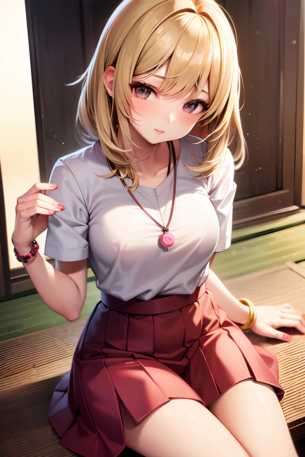 1 girl, solo, masterpiece, blonde hair,open hairstyle, straight haired,pink lips, Japanese school shirt, Japanese skirt,cute and beautiful illustration,soft, bracelet, pendent.