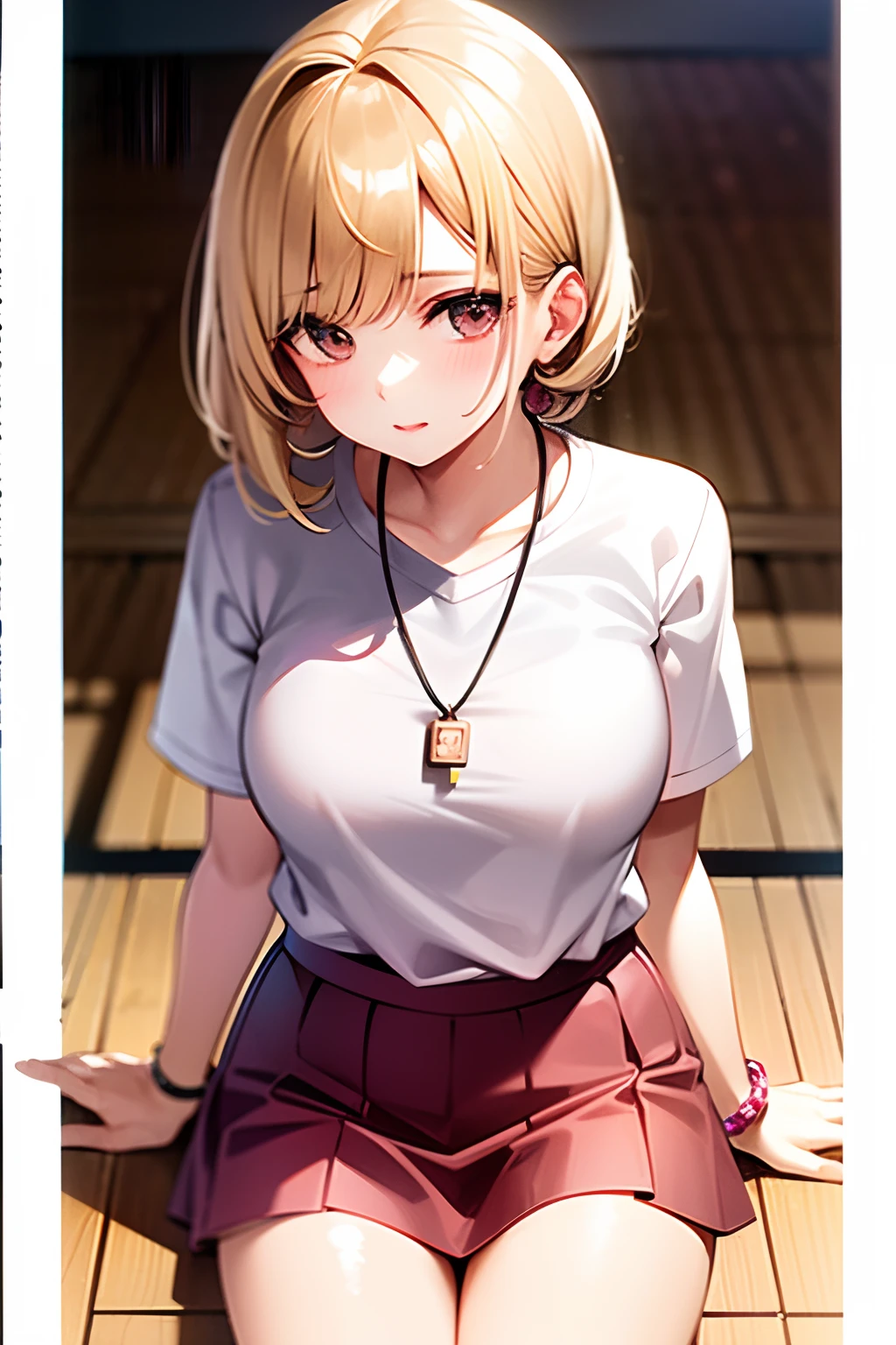 1 girl, solo, masterpiece, blonde hair,open hairstyle, straight haired,pink lips, Japanese school shirt, Japanese skirt,cute and beautiful illustration,soft, bracelet, pendent.