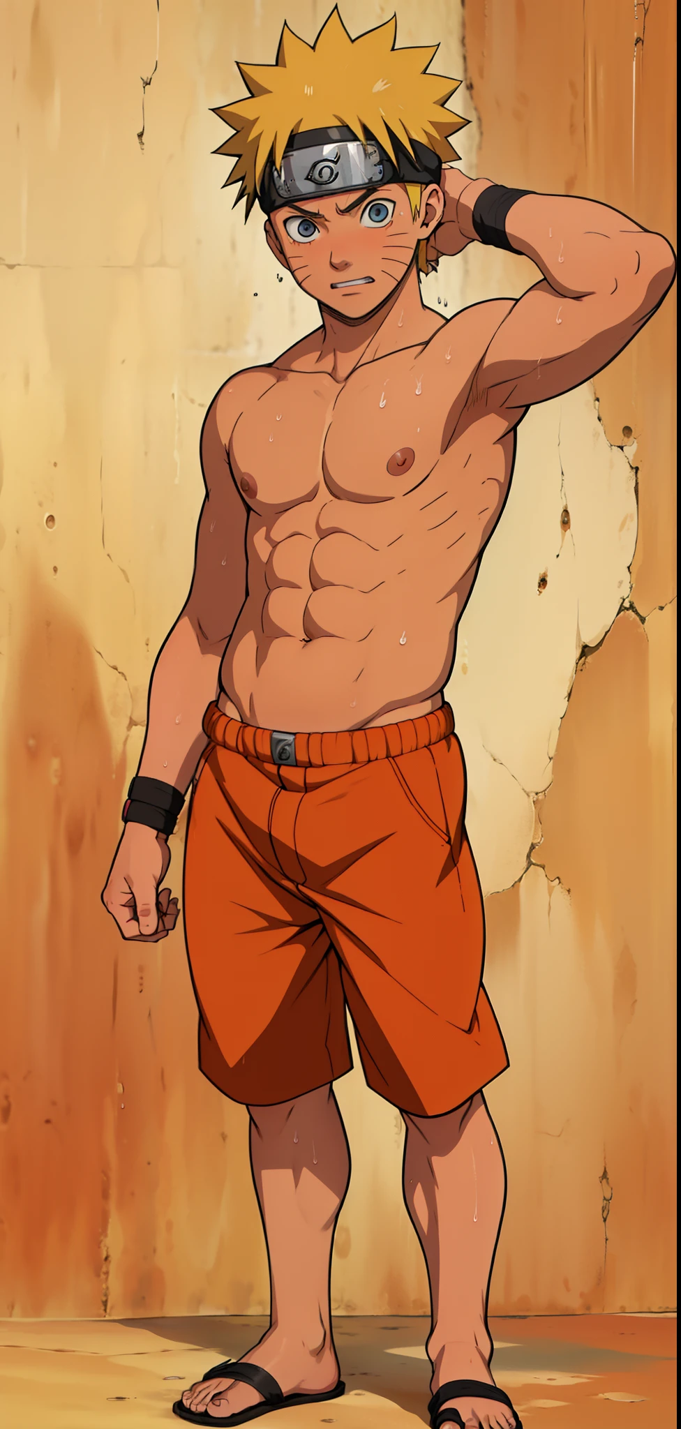 ( full body )  (photo angle from bottom up) Uzumaki Naruto,,  cute baby face, s, sweat flowed profusely,stand straight in a comfortable position  , topless, shirtless, the boy was shy and blushed,tanned skin, rosy skin, red skin