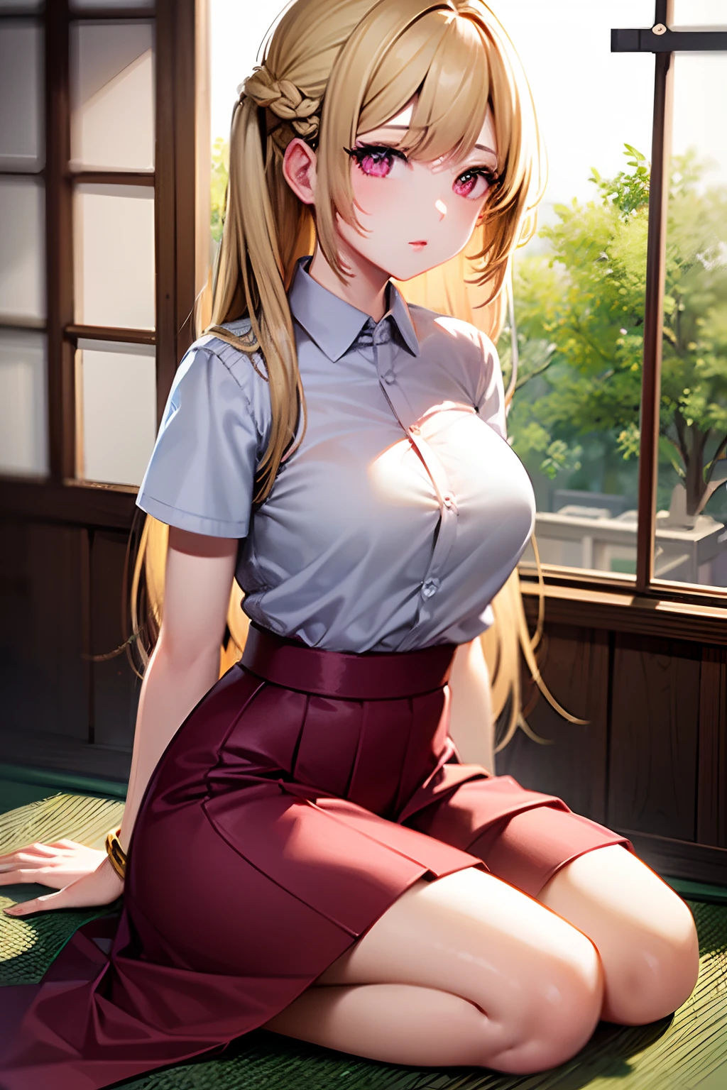 1 girl, solo, masterpiece, blonde hair,open hairstyle, straight haired,long hair,pink lips, Japanese school shirt, Japanese skirt,cute and beautiful illustration,soft, bracelet.