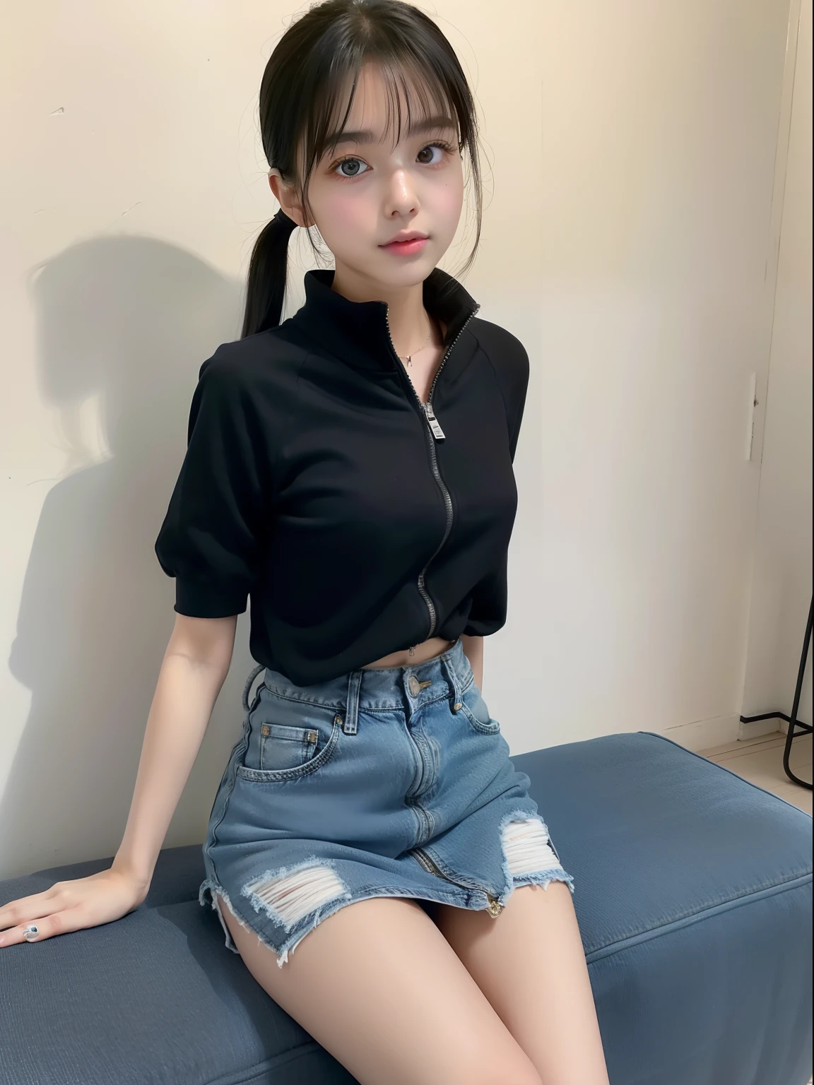 Knees,年轻,(Denim skirt),Zip Up,teens girl,A dark-haired,Twin-tailed,poneyTail,delicate and petite body