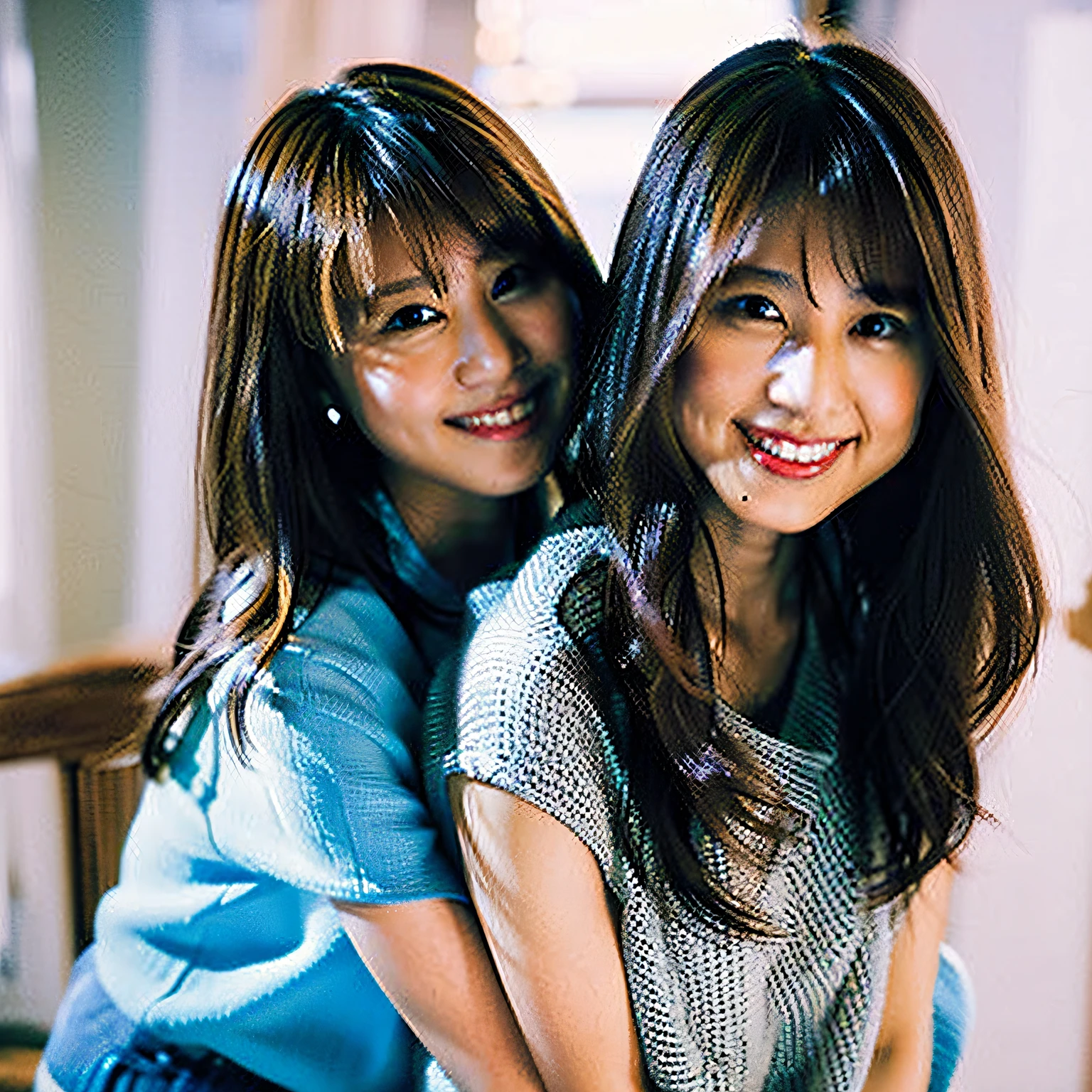 (8K、Raw photography、top-quality、masterpiece:1.2)、(realisitic、Photorealsitic:1.37)、ultra-detailliert、超A high resolution、Identical twin sisters、Perfect similarity system、Hugging from behind、see the beholder、beautifull detailed face、A smile、Constriction、(Slim waist) :1.3)、The shirt、Beautiful detailed skin、Skin Texture、floated hair、profetional lighting、