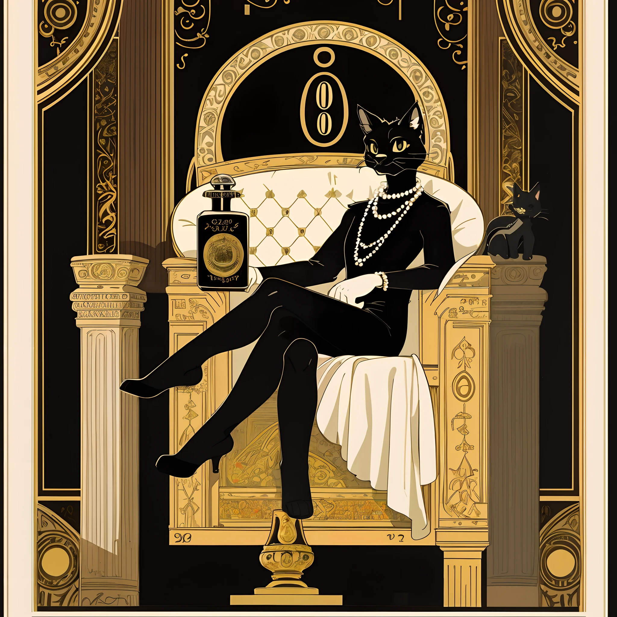 vector art, arafed black cat sitting on a pedestal with a pearl necklace, elegant cat, 1920s advert, 1960s advertisement, luxury advertisement, magazine advertisement, 1960s perfume bottle ads,