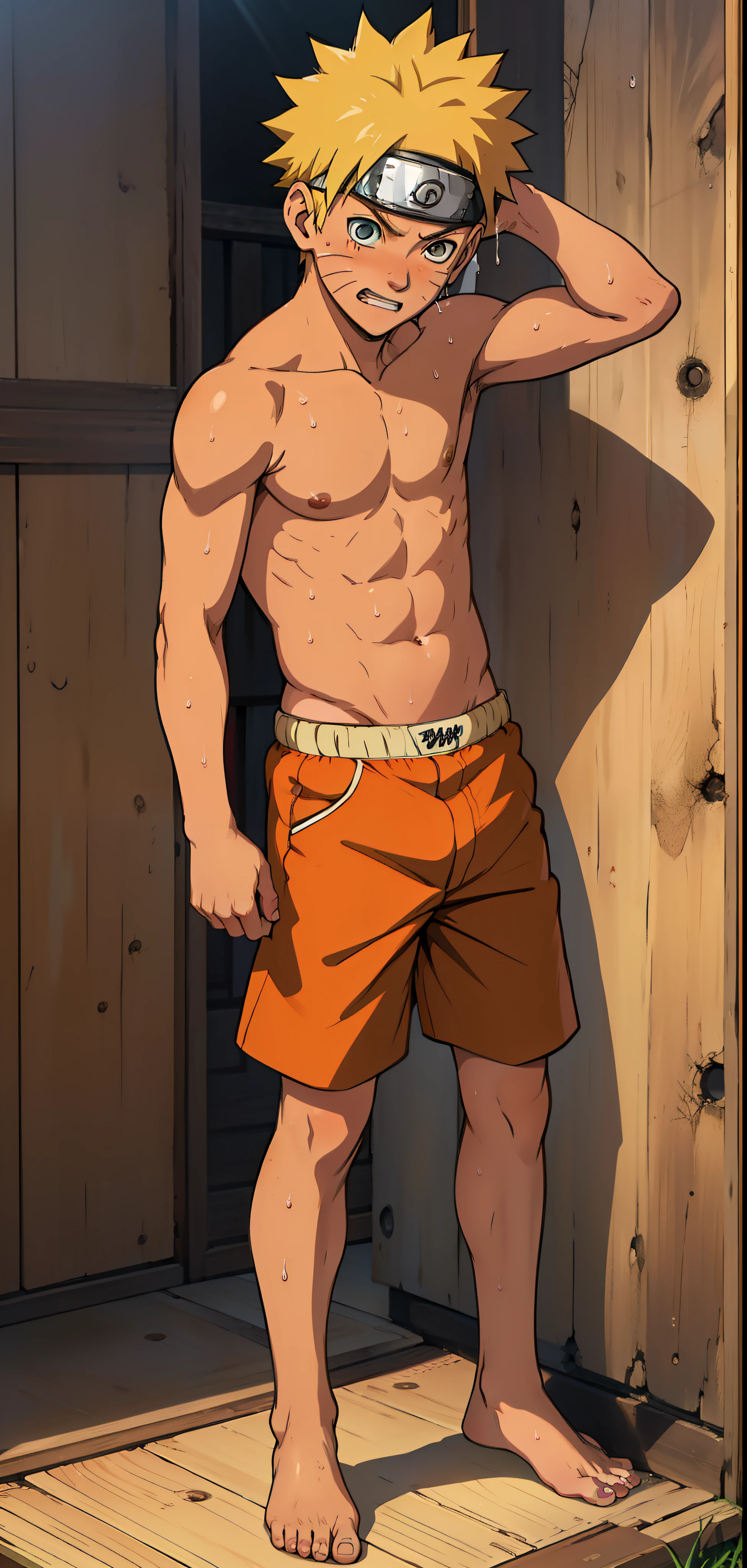 ( full body ) (photo angle from bottom up) Uzumaki Naruto,, cute baby face, s, sweat flowed profusely,stand straight in a comfortable position , topless, shirtless, the boy was shy and blushed,tanned skin, rosy skin, red skin, sunny,just wear boxer shorts