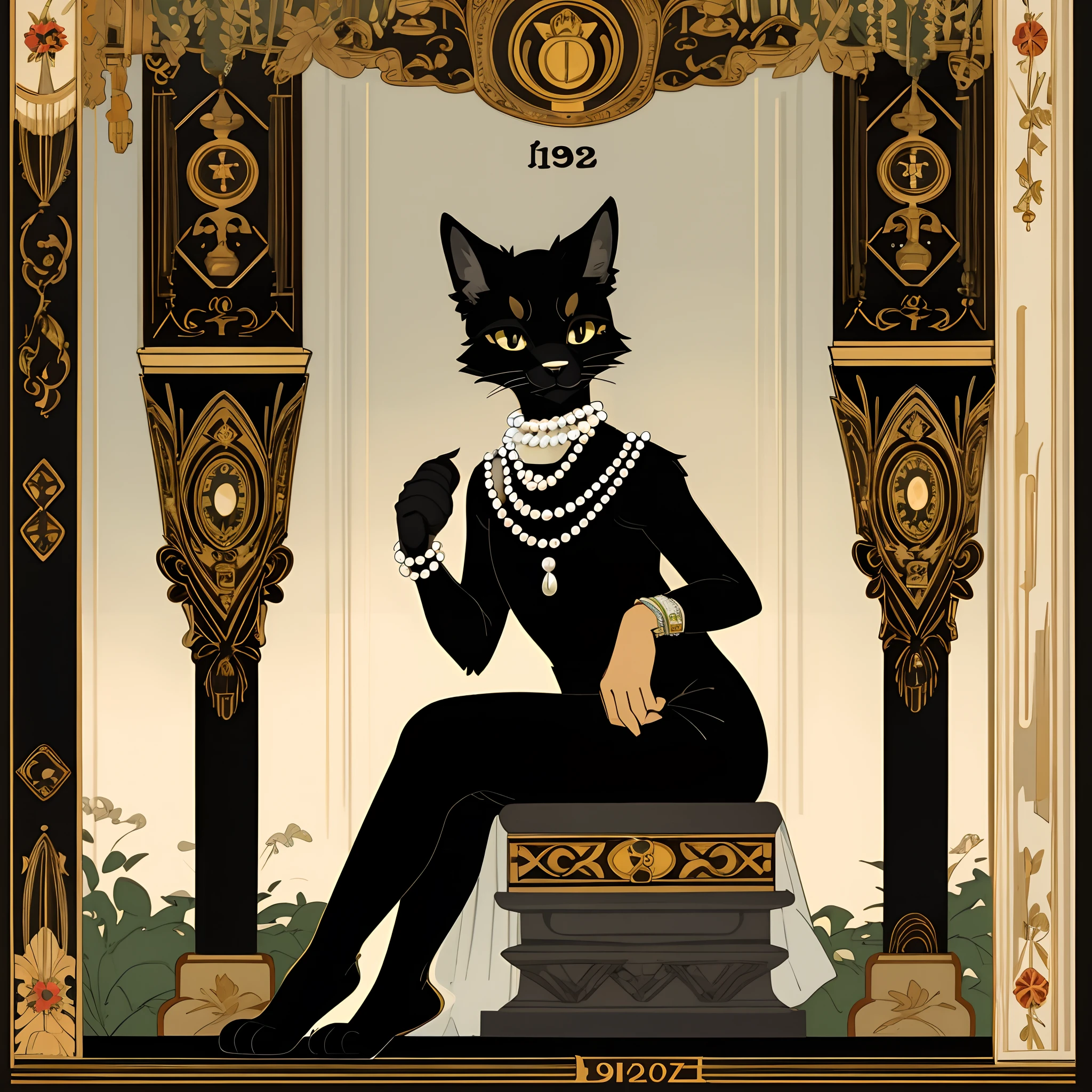 vector art, arafed black cat sitting on a pedestal with a pearl necklace, elegant cat, 1920s advert, 1960s advertisement, luxury advertisement, magazine advertisement, 1960s perfume bottle ads,