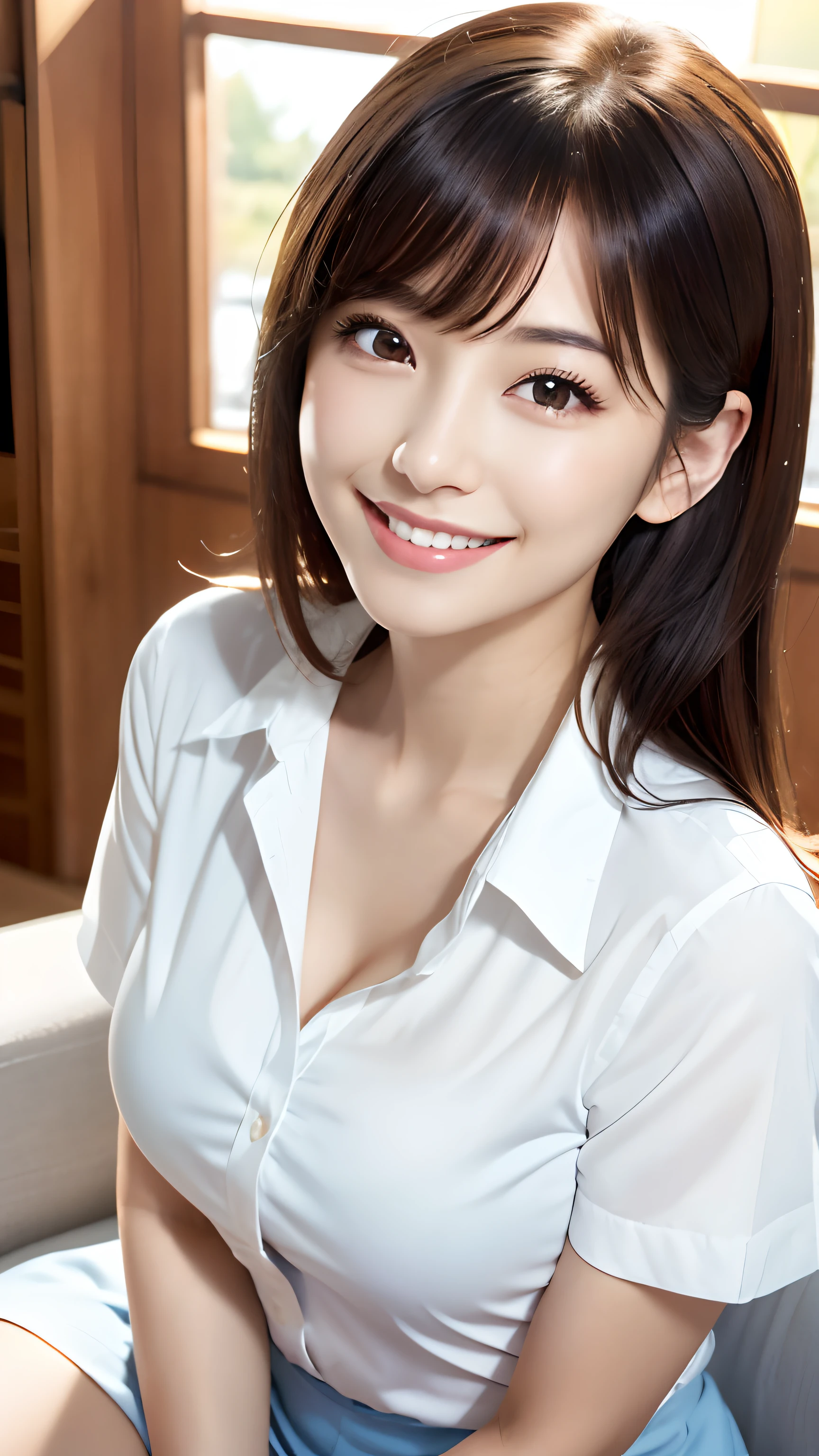 (8K, 超A high resolution, Best Quality, masutepiece:1.2)、(huge smile)、8K、a japanese girl、超A high resolution、top-quality、(1girl in:1.7)、 (Natural Skin Texture、Detailed skin、Hyper-Realism、ultra sharpness)、intricate detailes、depth of fields、adult lady、((​masterpiece、top-quality、high-detail))、((Photorealsitic:1.4))、独奏、closes mouth、Happy smile、Smile happily、pretty black hair、big eye、Distinct double eyelids、Lashes、Hide ears、long neck、Absolute area、Clean collarbone、face perfect、bangss、Clean bangs、Beautiful bangs、thin lips、White-colored skin、a small face、Smaller face、Draw all the heads、(gazing at viewer、Highlights in the eyes、Light brown eyes、Pinclip Gloss)、high-heels、portlate、Perfect Angle Pro Quality High Resolution Perfect Contrast Perfect Lighting Perfect Composition Perfect Wife Perfect Skin Perfect Hands Perfect Fingers Perfect Chest Perfect Hair Perfect Face Realistic Facial Feature Masterpiece、(Bold poses:1.5)、(White Y-shirt:1.2)、Constricted hips、