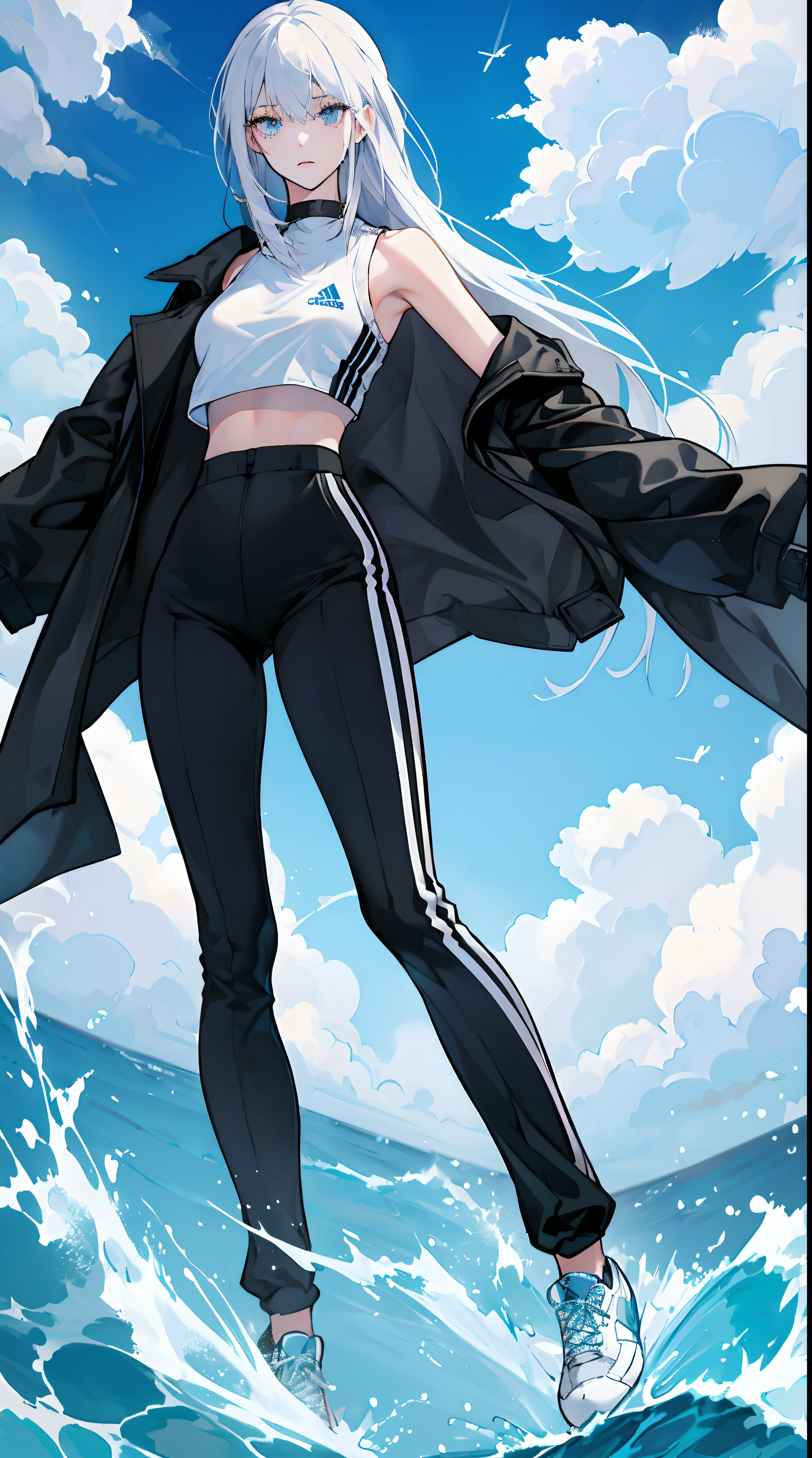 White-haired girl,She has white hair and blue eyes,She wears an Adidas black tracksuit,The black coat clings to her slender figure,Black sweatpants reveal well-proportioned legs。Her hair is pure white,Flowing on her shoulders,This contrasts with her distinctive blue pupils。The background is the beautiful sea、Blue sky and white clouds