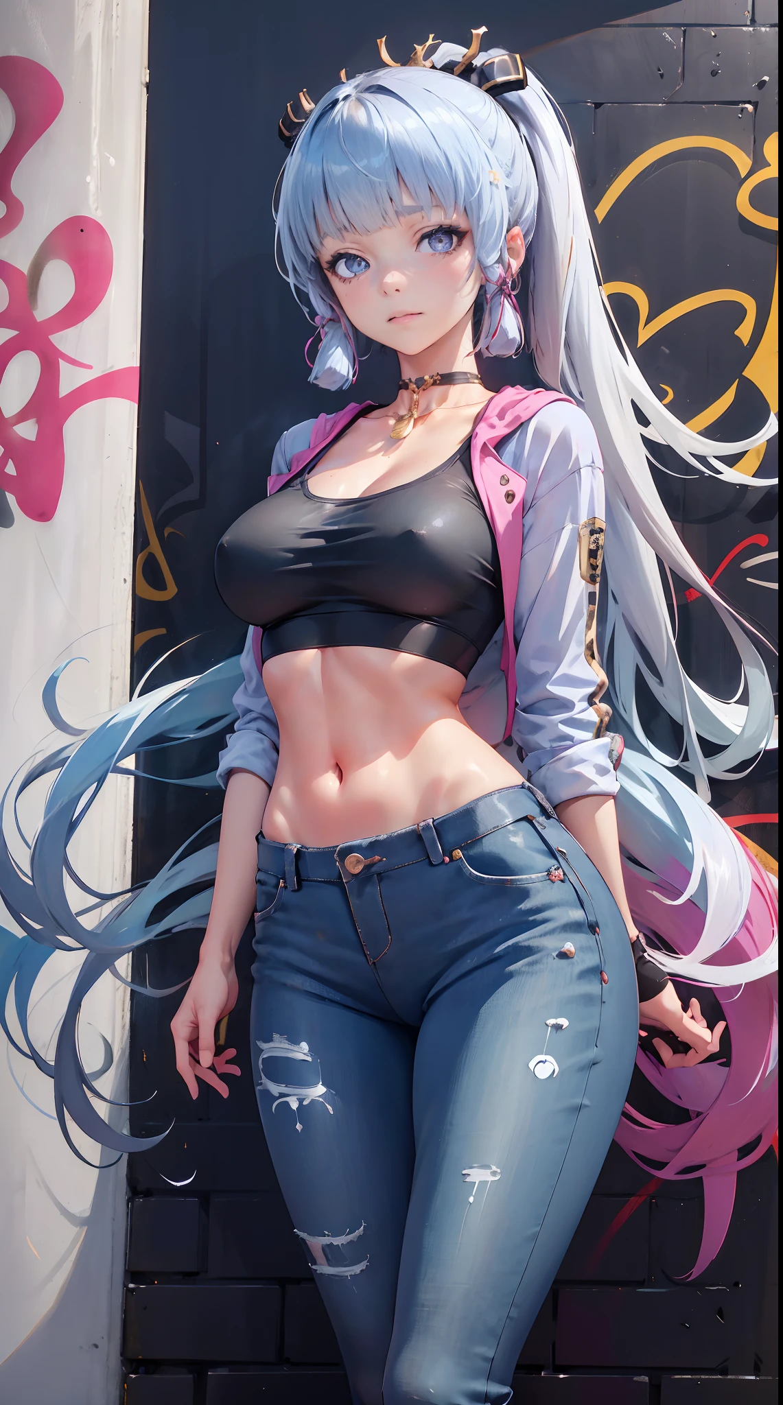 kamisato ayaka|genshin impact, master-piece, bestquality, 1girls,30 years old, proportional body, Big legs, Beautiful, proportional., crop top, Long Jeans, mediuml breasts, ,bara, crop top, choker, (Graffiti:1.5), Splash with purple lightning pattern., arm behind back, against wall, View viewers from the front., Thigh strap, Head tilt, bored,(NSTDA.:1.2), (10, beste-Qualit, master-piece: 1.4), Beautiful red hair, ultra-high resolution, (lifelike, photorealistic portrait: 1.48), (Looking Through Crop Tops.), Famous Japanese actors, beautiful clear eyes, Head tilt, cowboy shot, from the front, looking at the audience, expressionless, Beautiful lake, Zeiss 150mm F/ 2.8 Hasselblad, Whole body, foot, Ultra-Wide Angle,