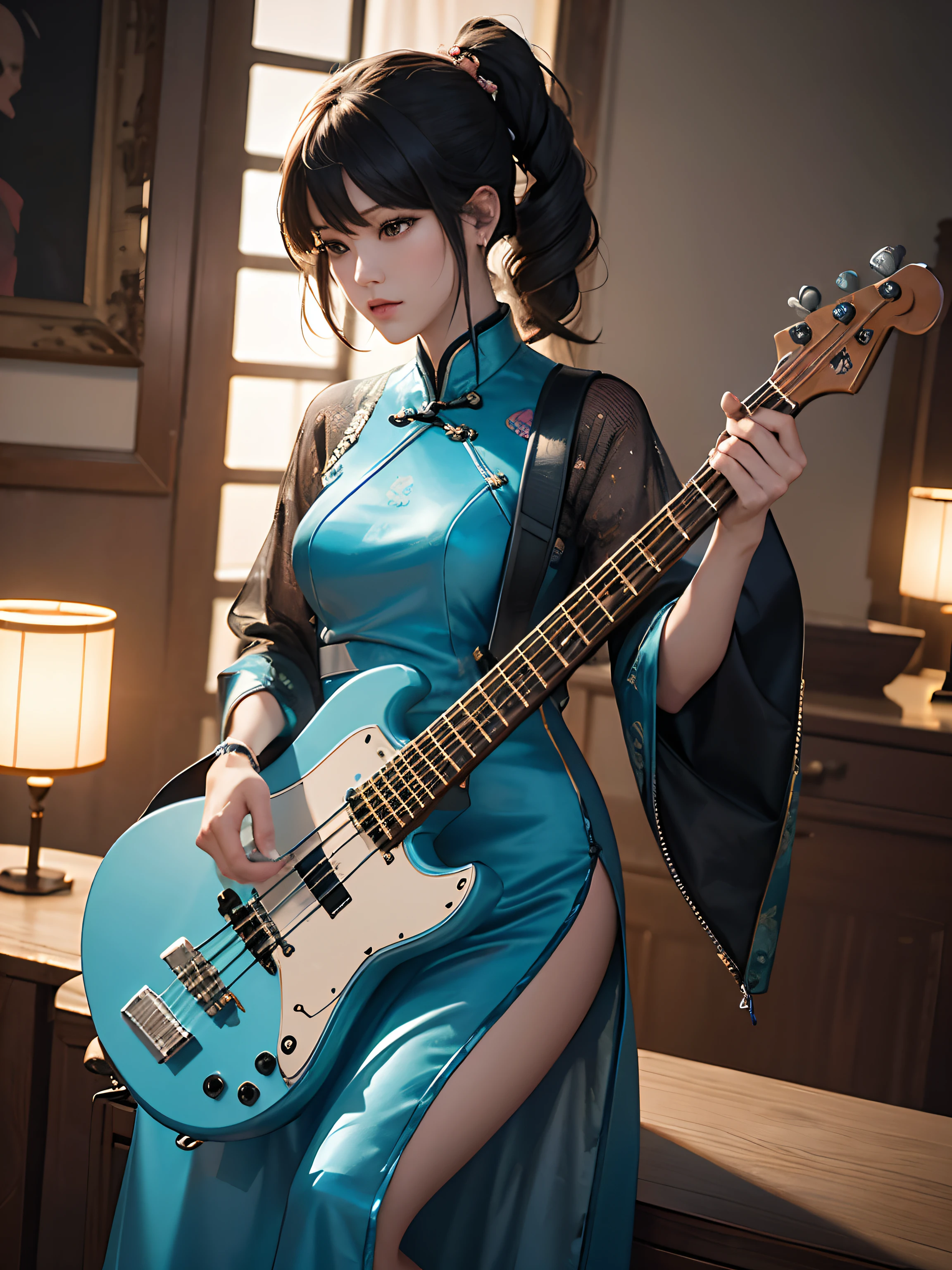 Digital art by Vinz, ultra beauty guitarist woman, electric bass guitar, long slit Cheongsam, surrounded by terracotta warriors, full body closeup, ultra details, complex composition, ultra realism, as a frame from movie, rim light, Mysterious