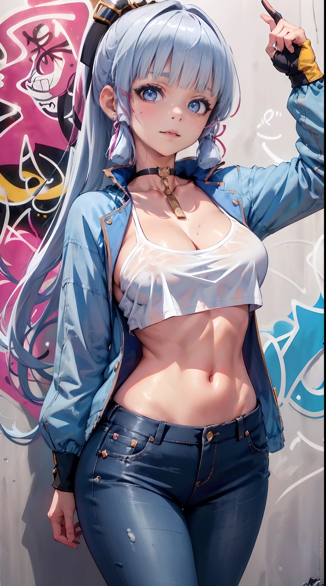 kamisato ayaka|genshin impact, master-piece, bestquality, 1girls,30 years old, proportional body, Big legs, Beautiful, proportional., crop top, Long Jeans, mediuml breasts, ,bara, crop top, choker, (Graffiti:1.5), Splash with purple lightning pattern., arm behind back, against wall, View viewers from the front., Thigh strap, Head tilt, bored,(NSTDA.:1.2), (10, beste-Qualit, master-piece: 1.4), Beautiful red hair, ultra-high resolution, (lifelike, photorealistic portrait: 1.48), (Looking Through Crop Tops.), Famous Japanese actors, beautiful clear eyes, Head tilt, cowboy shot, from the front, looking at the audience, expressionless, Beautiful lake, Zeiss 150mm F/ 2.8 Hasselblad, Whole body, foot, Ultra-Wide Angle,