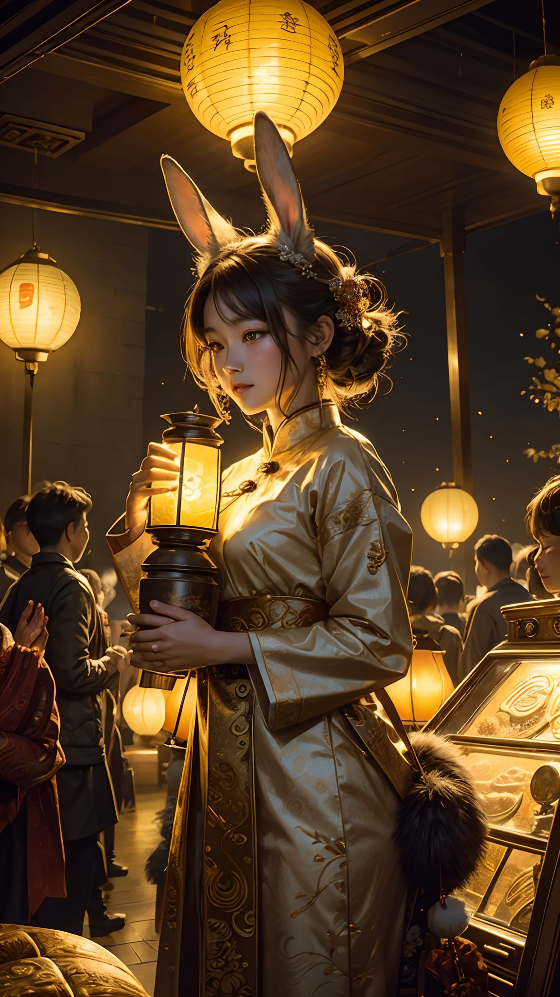 A rabbit carrying a lantern stands in a vibrant scene celebrating the Mid-Autumn Festival. The rabbit is depicted with intricate details, highlighting its fluffy fur, expressive eyes, and cute whiskers. It holds a beautifully crafted lantern, emitting a warm glow that illuminates the surroundings. The lantern is adorned with colorful patterns and has a traditional design. The background showcases a big, luminous moon, casting a soft, ethereal light on the scene. The moon cake car, ornately decorated with intricate patterns and symbols, adds to the festive atmosphere. The overall image quality is of the highest standard, with ultra-detailed elements and vivid colors. The art style is a perfect blend of traditional aesthetics and modern creativity, capturing the essence of the Mid-Autumn Festival. The color tone of the artwork is warm and inviting, evoking a sense of joy and celebration. The lighting in the scene is well-balanced, emphasizing the enchanting ambiance of the festival.
