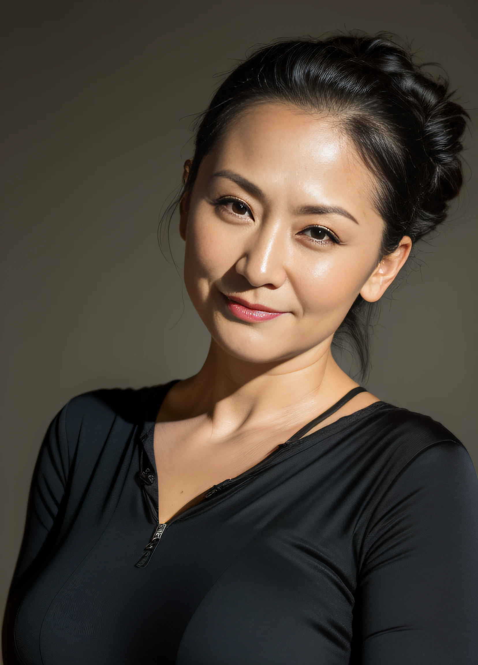 masterpiece,best quality, (one milf), ((portrait:1.5)), ((look down)), makeup, smirk, black hair, hair bun, fit, caucasian, MILF, dark color eyes, big boobs, fuller lips, tanned skin, elegant black shirt, ouch own chest, ((seduction expression)),