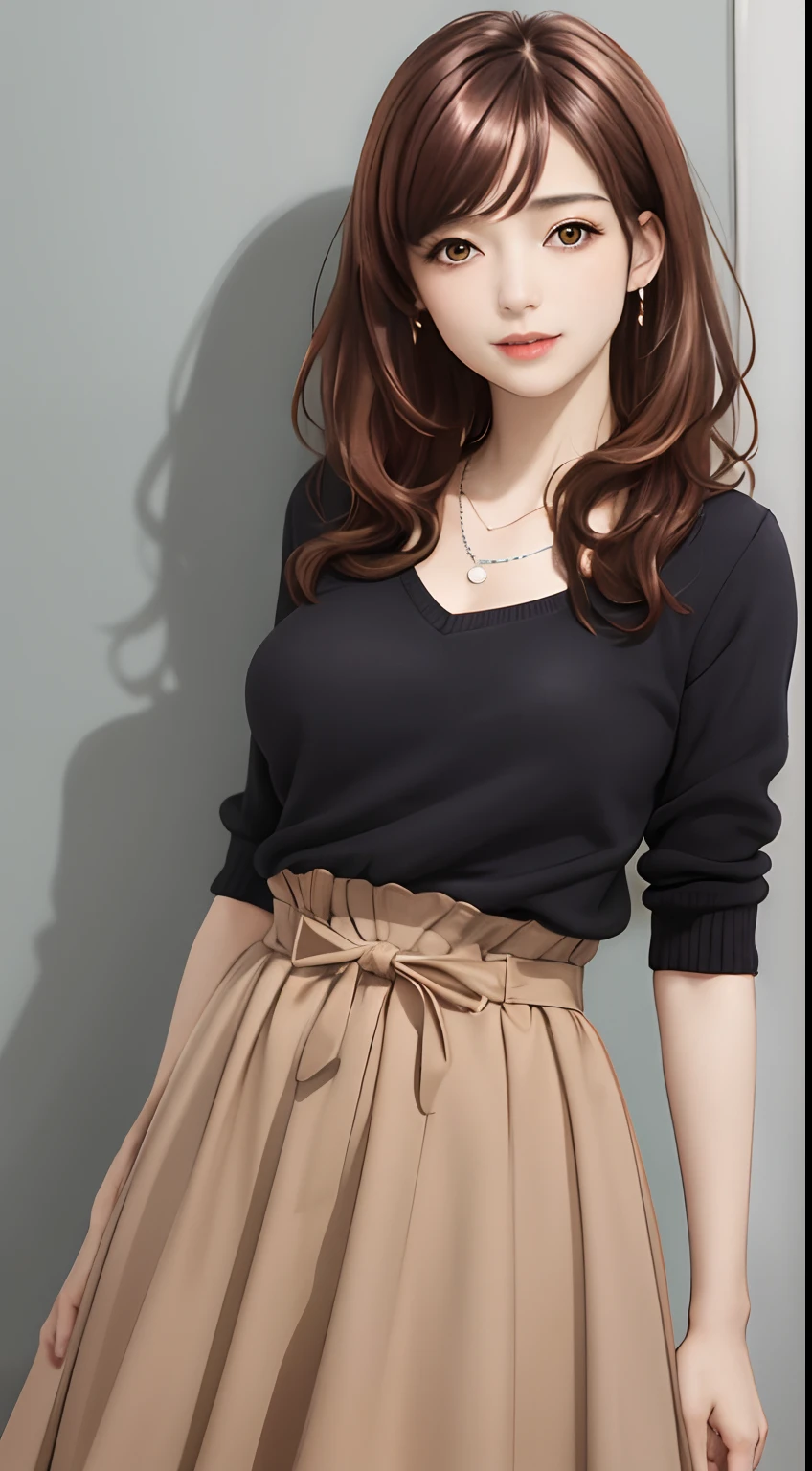 (8k, RAW photo, best quality, masterpiece: 1.2), (realistic, realistic: 1.37), ultra-high resolution,
1girl, Midou Miu,
looking at the viewer, smile, closed mouth,huge breast,
brown eyes, brown hair, long hair, shiny hair, necklace, black sweater, brown skirt, long skirt