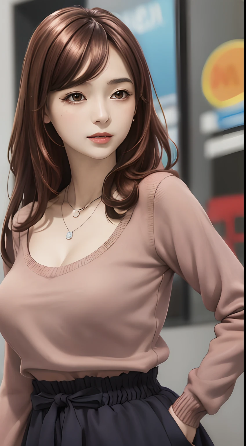 (8k, RAW photo, best quality, masterpiece: 1.2), (realistic, realistic: 1.37), ultra-high resolution,
1girl, Midou Miu,
looking at the viewer, smile, closed mouth,huge breast,
brown eyes, brown hair, long hair, shiny hair, necklace, black sweater,  brown skirt, long skirt