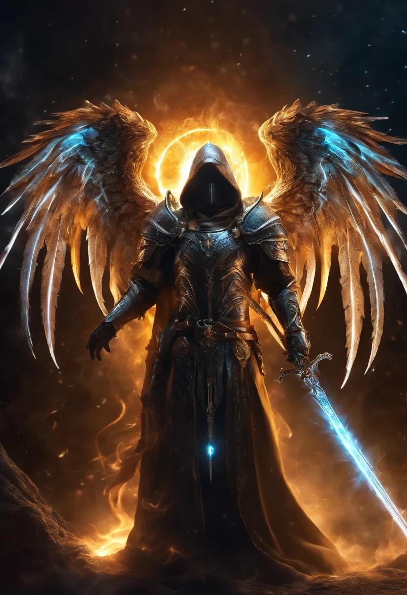 Cosmic Fallen Angel, Tyrael, Weapon holy swords in the hands, Glowing light eyes, biomechanical, eldritch, Creepy, nightmarish, Very bright colors, light particles, with luminous light, Wallpaper Art, UHD wallpaper,medieval garb