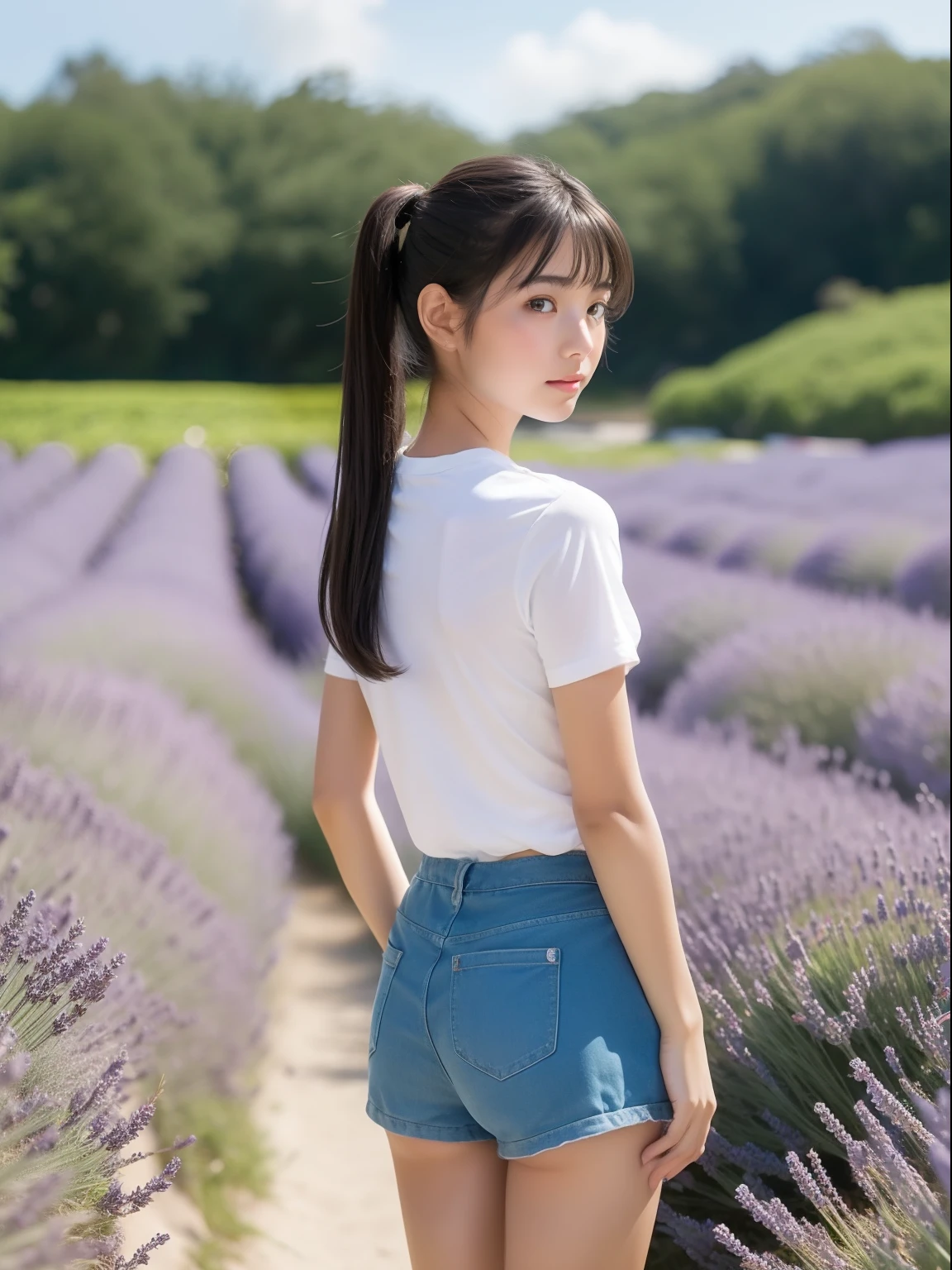 Looks Back，年轻，(beach shorts)，tshirts，teens girl，Delicate body，ite body，Delicate body，small tits，tiny chest，A dark-haired，Twin-tailed，poneyTail，lavender flower field