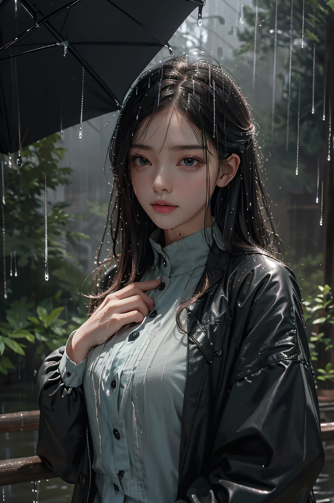 (Masterpiece:1.2, Best quality), (Real picture, Intricate details), (during night, Dark, heavy rain poured:1.4) In the forest, the surroundings were silent, Only raindrops hit the trees, Near and far;, making a slight rustling sound. In the cold rain, (1girll, Wet windproof jacket, Sad, Perfect eyes:1.2) are standing,Fold your arms over your chest,8K
