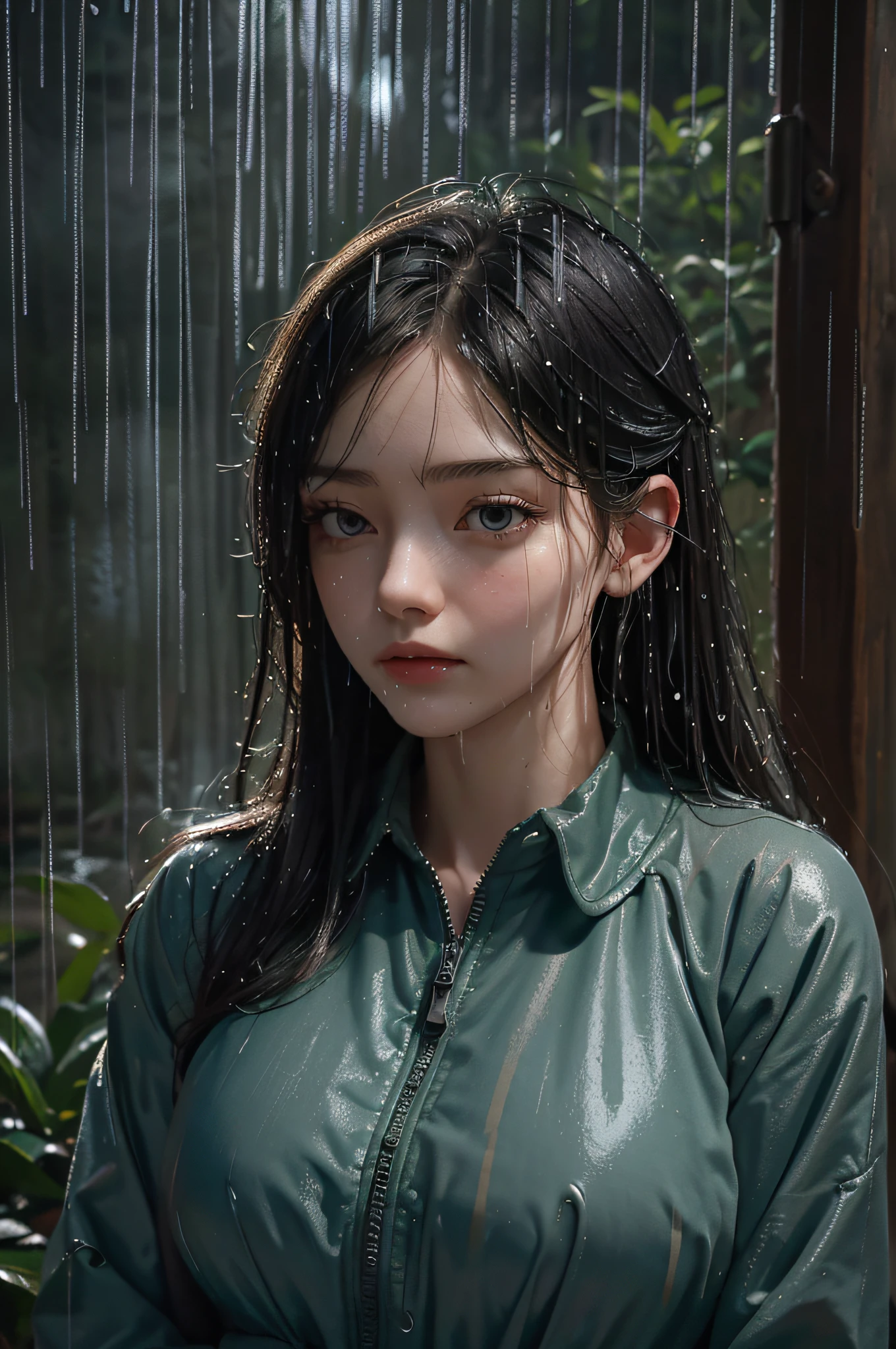 (Masterpiece:1.2, Best quality), (Real picture, Intricate details), (during night, Dark, heavy rain poured:1.4) In the forest, the surroundings were silent, Only raindrops hit the trees, Near and far;, making a slight rustling sound. In the cold rain, (1girll, Wet windproof jacket, Sad, Perfect eyes:1.2) are standing,Fold your arms over your chest,8K