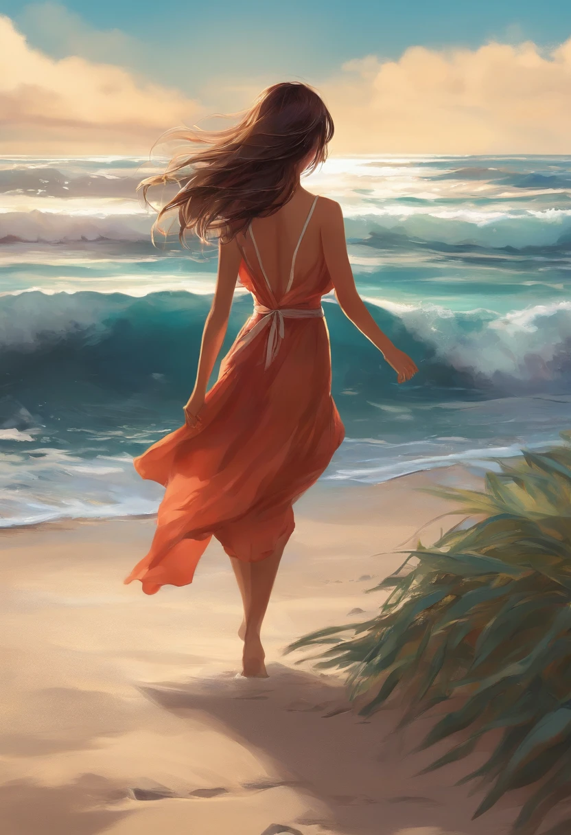 Anime girl qui marche sur la plage