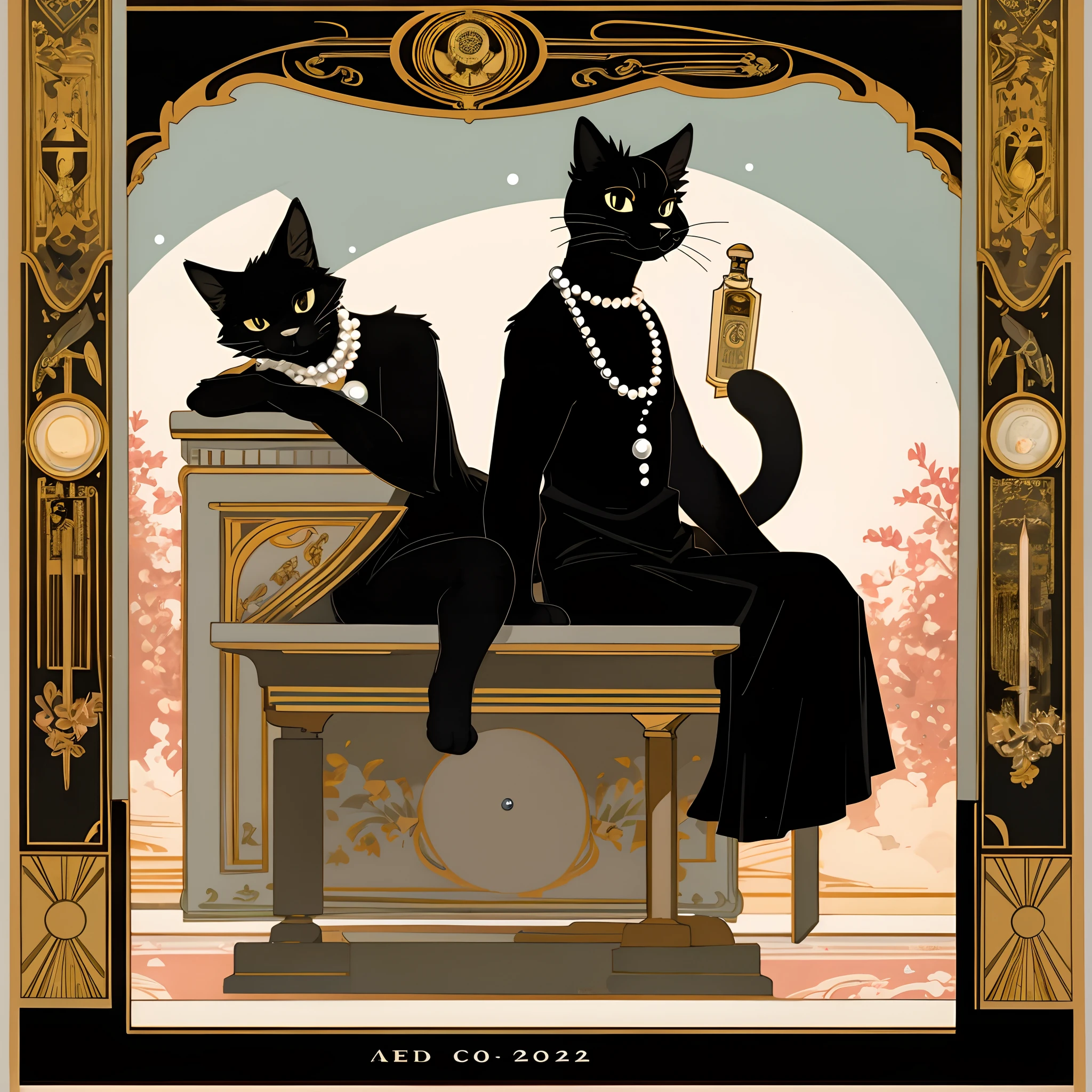 A romantic Art Nouveau-style poster for a vintage circus with 3 longhaired graceful Maine Coon cats as main attraction