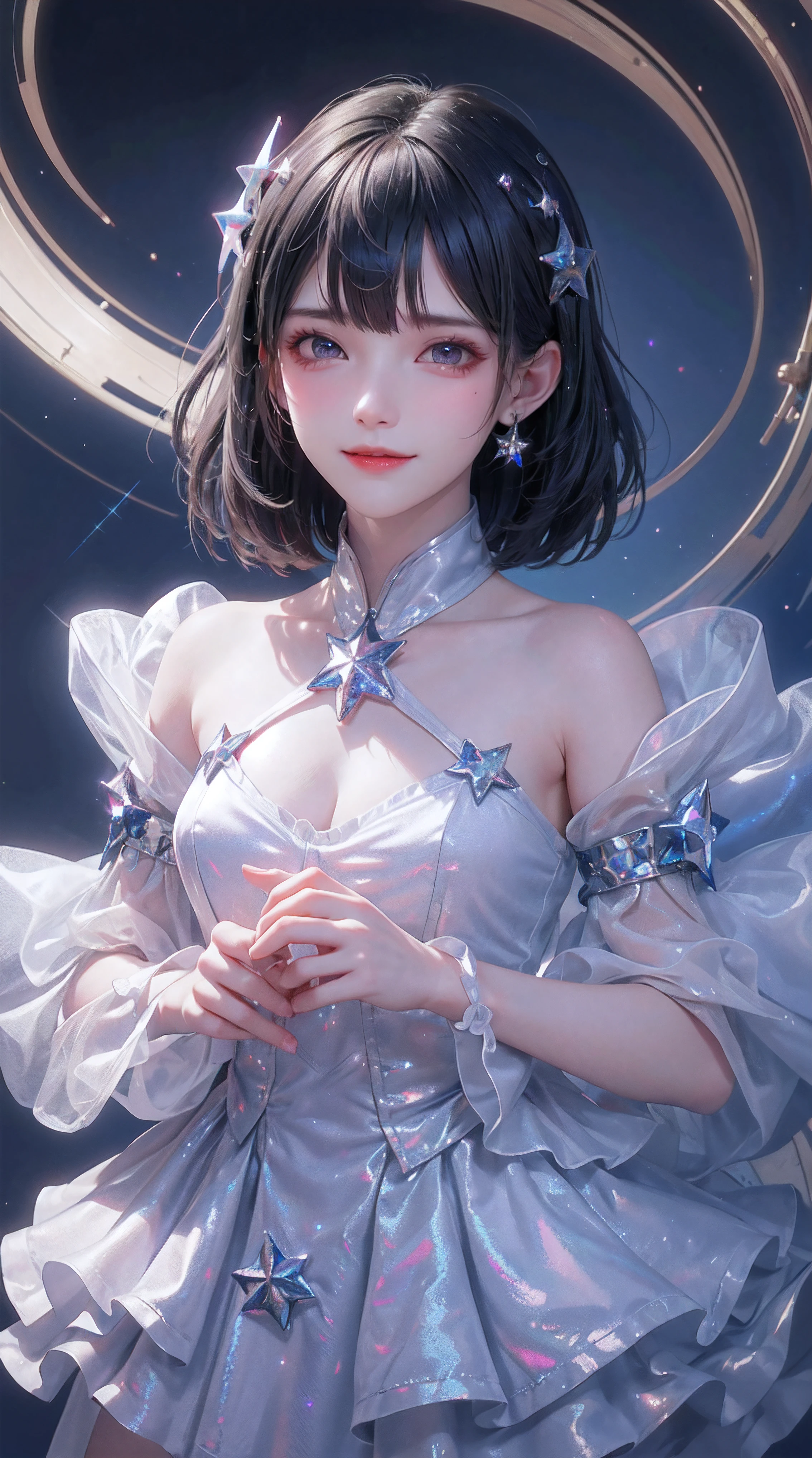 add_detail:1, starlight, stars, holding stars, glowing, space, 🌌, 1girl, young girl, curious expression, short hair, flowing hair, bangs, colorful detailed eyes