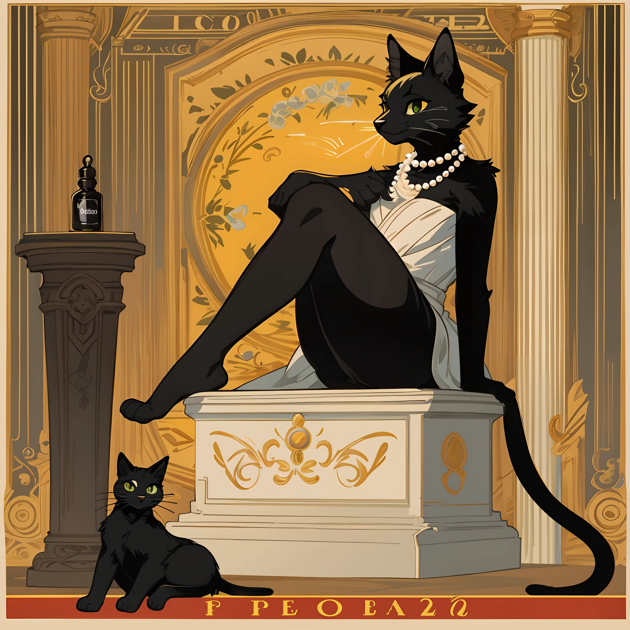vector art, arafed black cat sitting on a pedestal with a pearl necklace, elegant cat, 1920s advert, 1960s advertisement, luxury advertisement, magazine advertisement, 1960s perfume bottle ads,