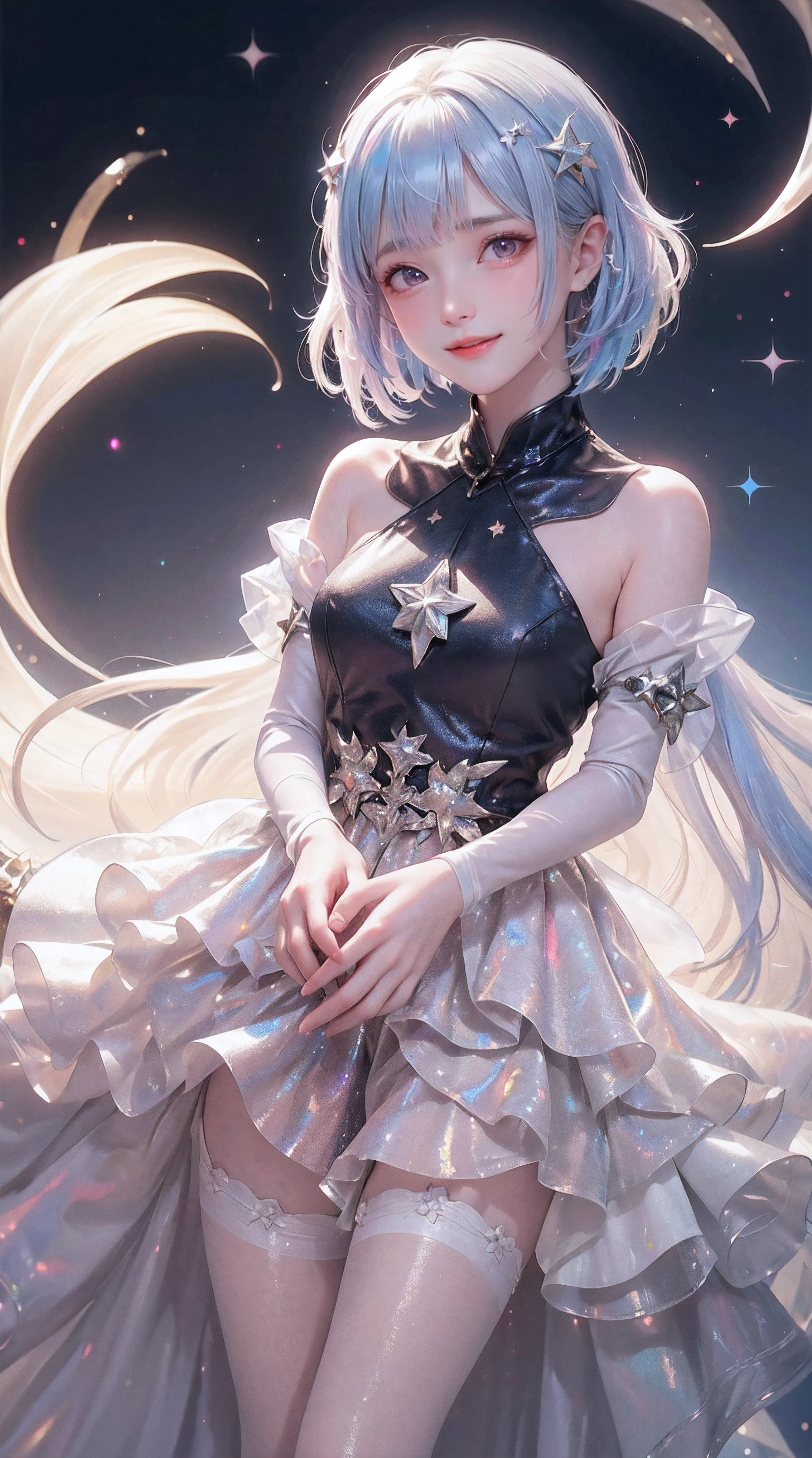 add_detail:1, starlight, stars, holding stars, glowing, space, 🌌, 1girl, young girl, curious expression, short hair, flowing hair, bangs, colorful detailed eyes