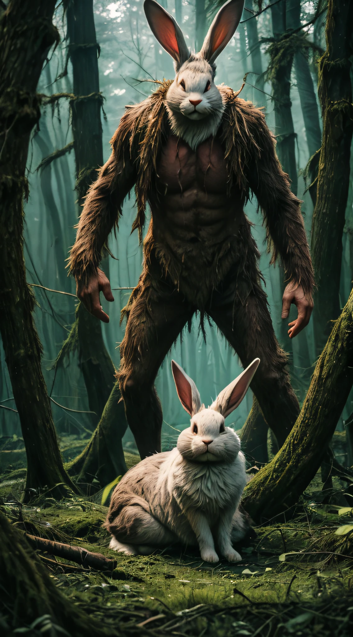 Generate a chilling depiction of a rabbit carcass-filled forest where the Bunny Man is believed to roam, blending into the eerie surroundings."