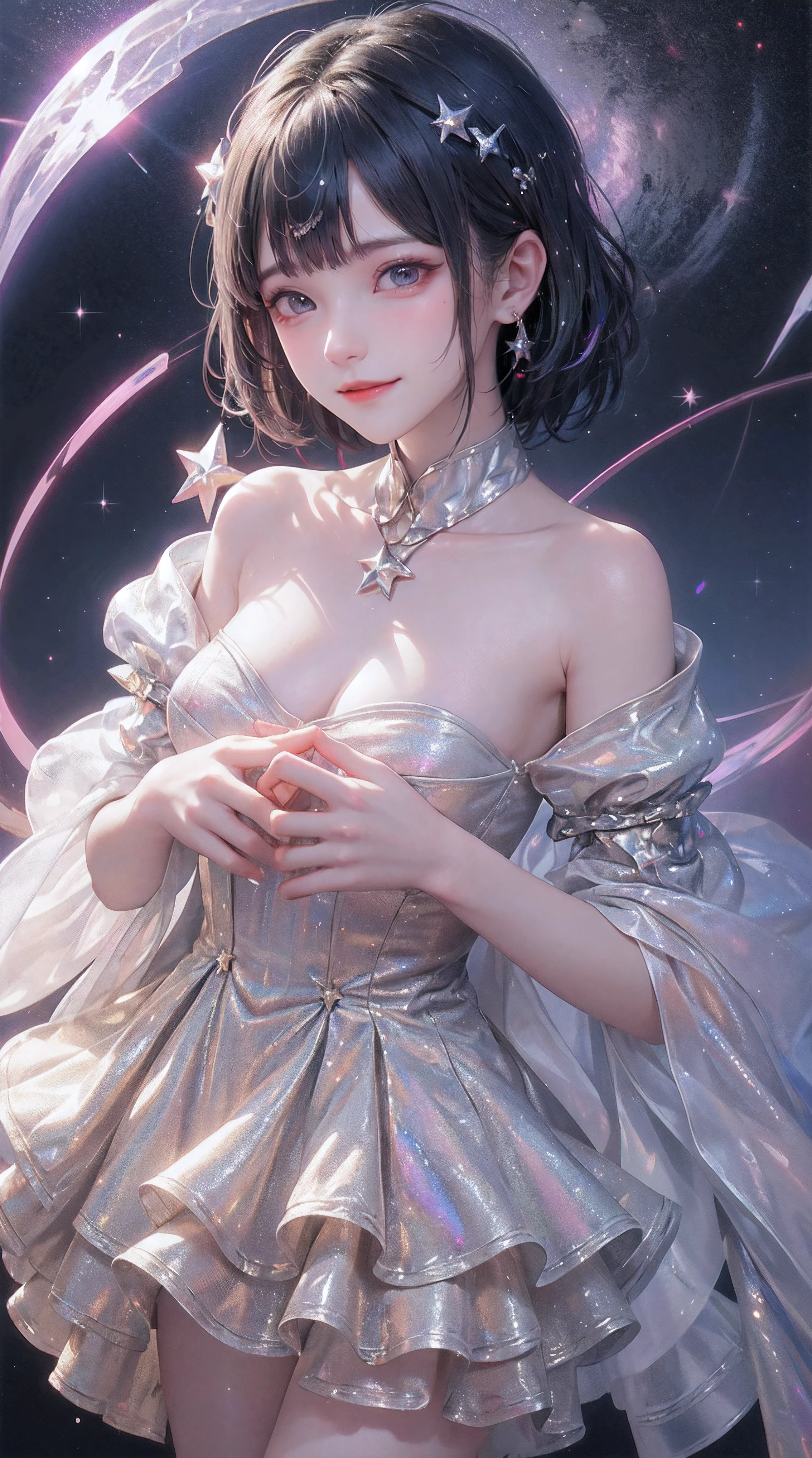 add_detail:1, starlight, stars, holding stars, glowing, space, 🌌, 1girl, young girl, curious expression, short hair, flowing hair, bangs, colorful detailed eyes