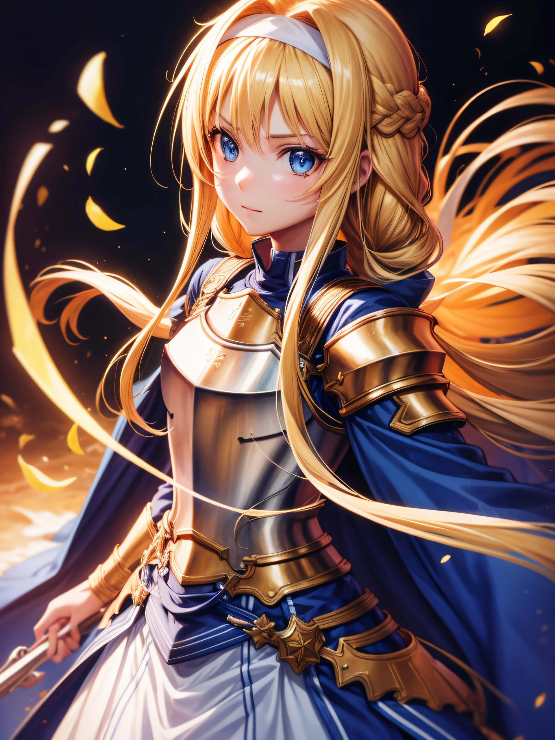 Arisburg, Alice Zusberg, Bangs, Blue eyes, Blonde hair, hair between eye, Very long hair, braid, shairband, white hairband,Break Dresses, Cape, armor, Blue Dress, Shoulder Armor, gauntlets, pauldrons, breastplates, Armored dress, falls, blue cape, knight, Gold Armor, Cute girl with undisputed body、[3D images:1.25],[[Attractive eyes,A detailed eye、Colorful eyes、radiant eyes:1.25]]、armor, Best Quality, High resolution, Unity 8k壁纸, (Illustration:0.8), (Beautiful detailed eyes:1.16), extra detailed face、Dress correctly, Beautiful Finger、 charming figure,super precision、[[3D images]]、[[High quality anime girl with brown hair and brown eyes]]、