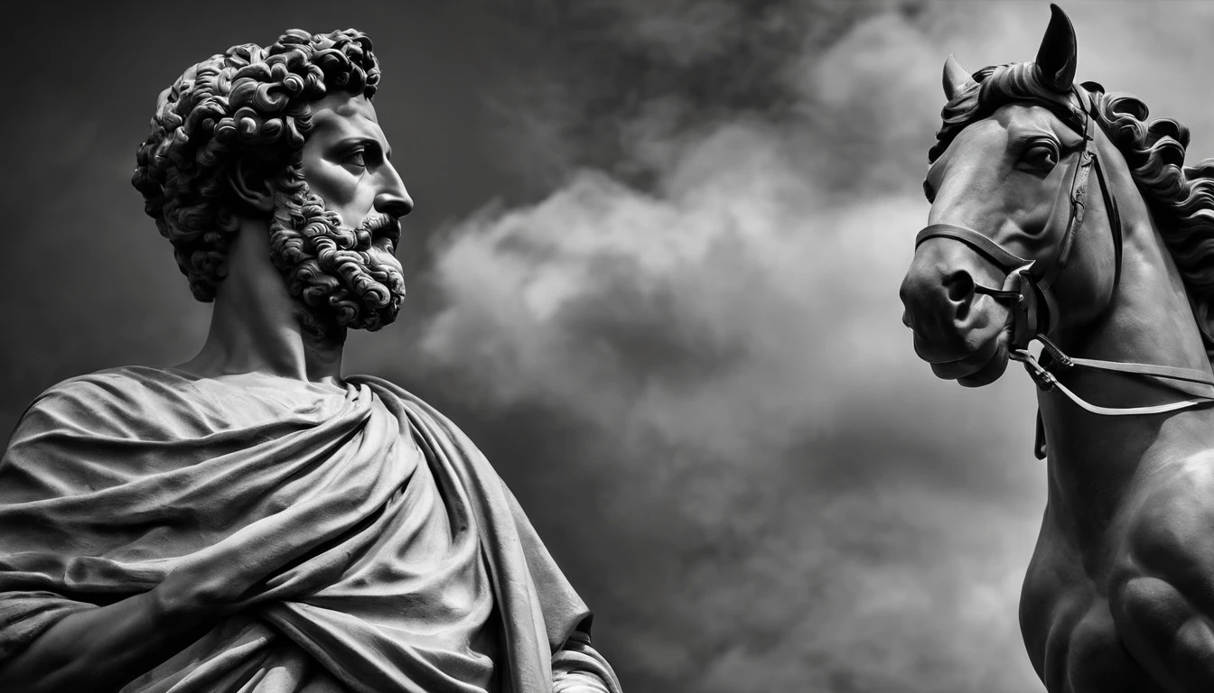 a portrait statue of the stoic Marcus Aurelius in black and white 4K,Face de lado, papel de parede super realista,homem forte,musculoso