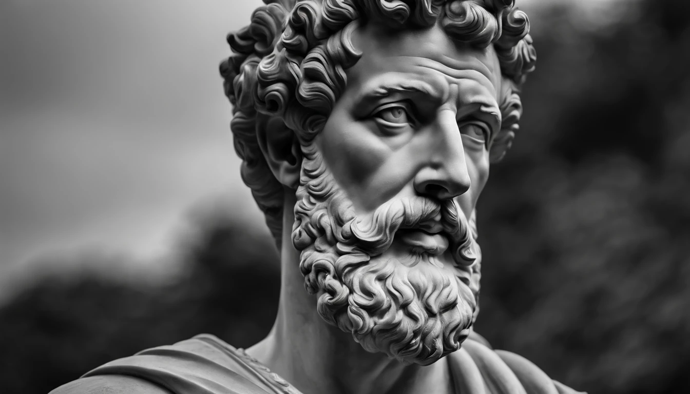 a portrait statue of the stoic Marcus Aurelius in black and white 4K,Face de lado, papel de parede super realista,homem forte,musculoso