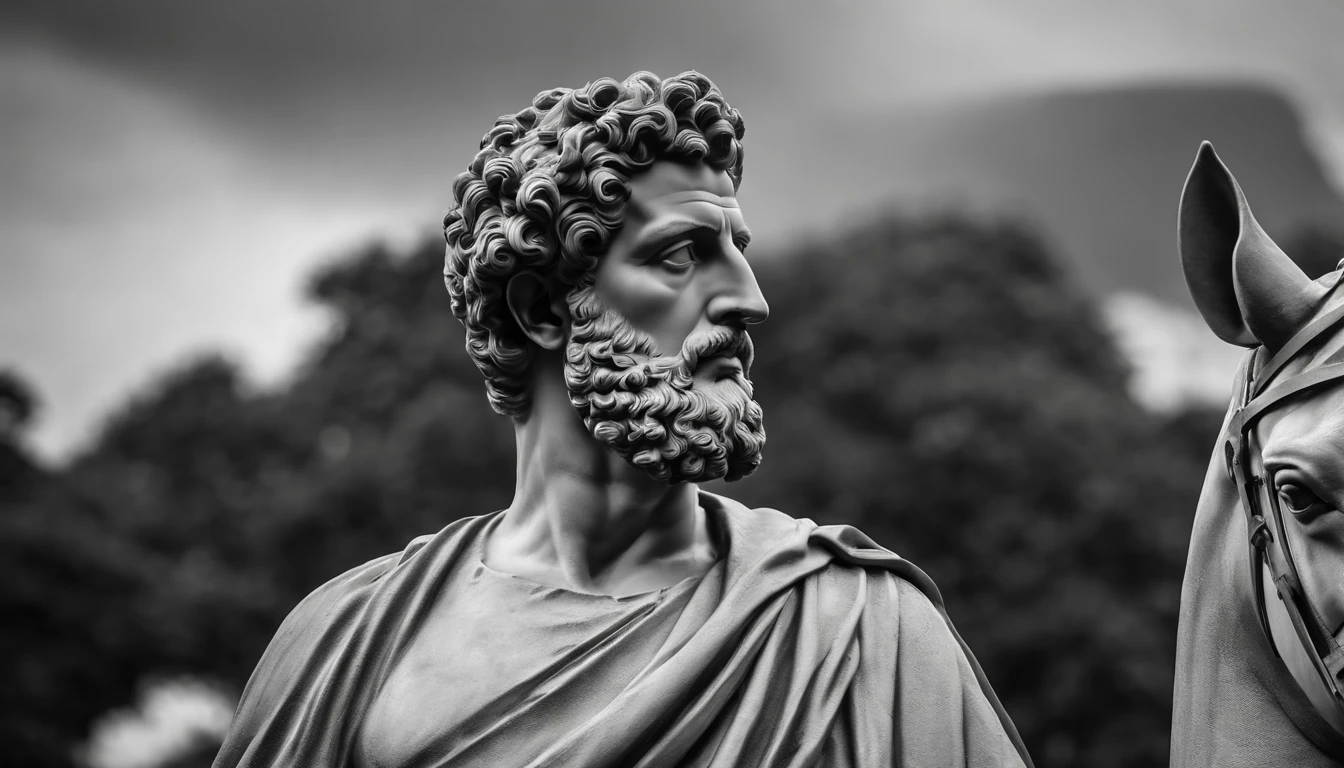 a portrait statue of the stoic Marcus Aurelius in black and white 4K,Face de lado, papel de parede super realista,homem forte,musculoso