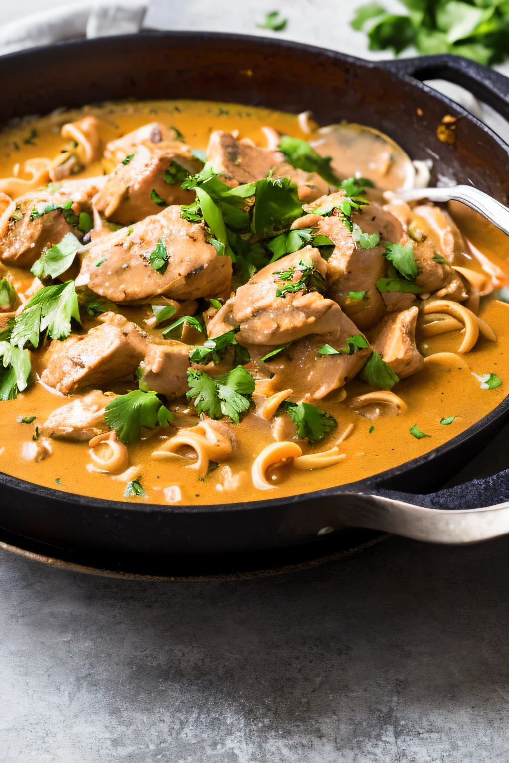 chicken paprikash with galushka, rustic and vibrant, warm and dramatic lighting, earthy tones with pops of red, mouthwatering and enticing presentation, shallow depth of field, dynamic composition, Nikon D850 with a 50mm lens at f/2.8, late afternoon, in the style of Heston Blumenthal –ar 3:4 –q 2 –s 750 –style raw –s 750 –q 2