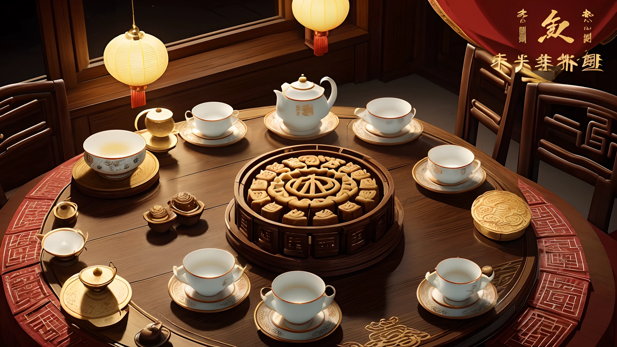 (no human,moon cake poster,festive Chinese decoration,delicate porcelain tea set,traditional design elements,rich colors:1.1),[empty chairs],wooden table,exquisite tablecloth,artistic calligraphy,subtle shadows,soft, warm lighting