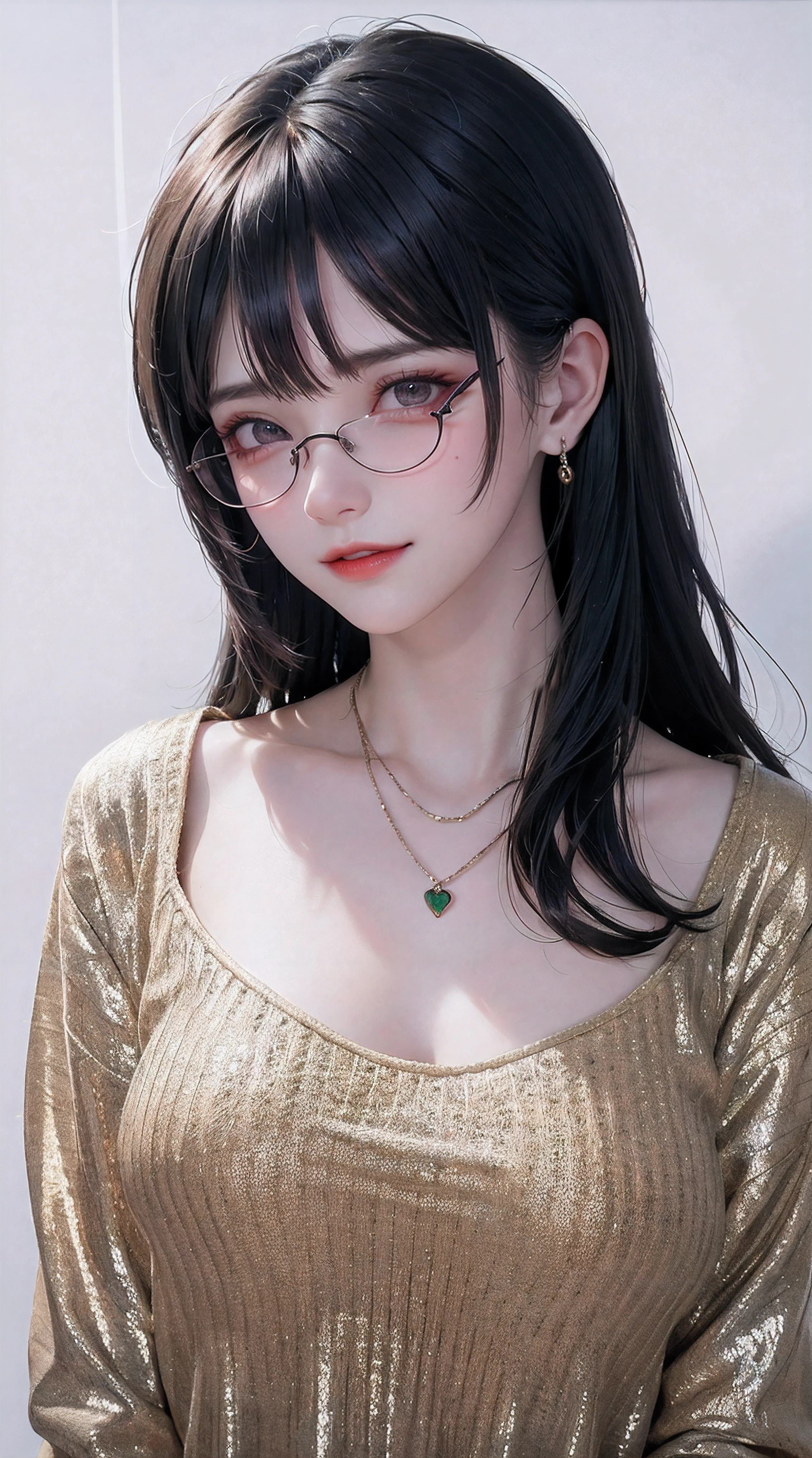 (()), a young girl with green and red lipstick and black hair wearing sunglasses, 1girl, solo, jewelry, long hair, looking at viewer, black hair, red background, mole, necklace, tinted eyewear, simple background, round eyewear, red-tinted eyewear, mole under mouth, sweater, bangs, upper body