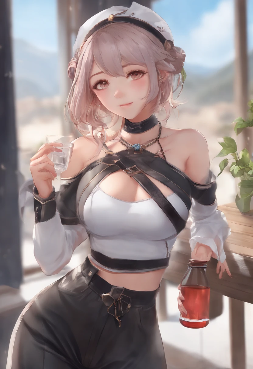 (((masterpiece))),((ultra-detailed)),(extremely detailed CG unity 8k wallpaper),high resolution, (extremely detailed illustration), ShoalBeat, 1girl, breasts, blue poison \(shoal beat\) \(arknights\), solo, official alternate costume, pink choker, jacket, twin braids, braid, looking at viewer, navel, choker, holding, large breasts, open jacket, off shoulder, bare shoulders, bangs, jewelry, earrings, sports bra, stomach, long sleeves, pants, black pants, hairband, open clothes, white jacket, long hair, cleavage, leggings, collarbone, holding bottle, midriff, bottle, knee up, crop top, parted bangs, spaghetti strap, blush, hand up, standing, closed mouth, thighs, camisole, symbol-shaped eyes