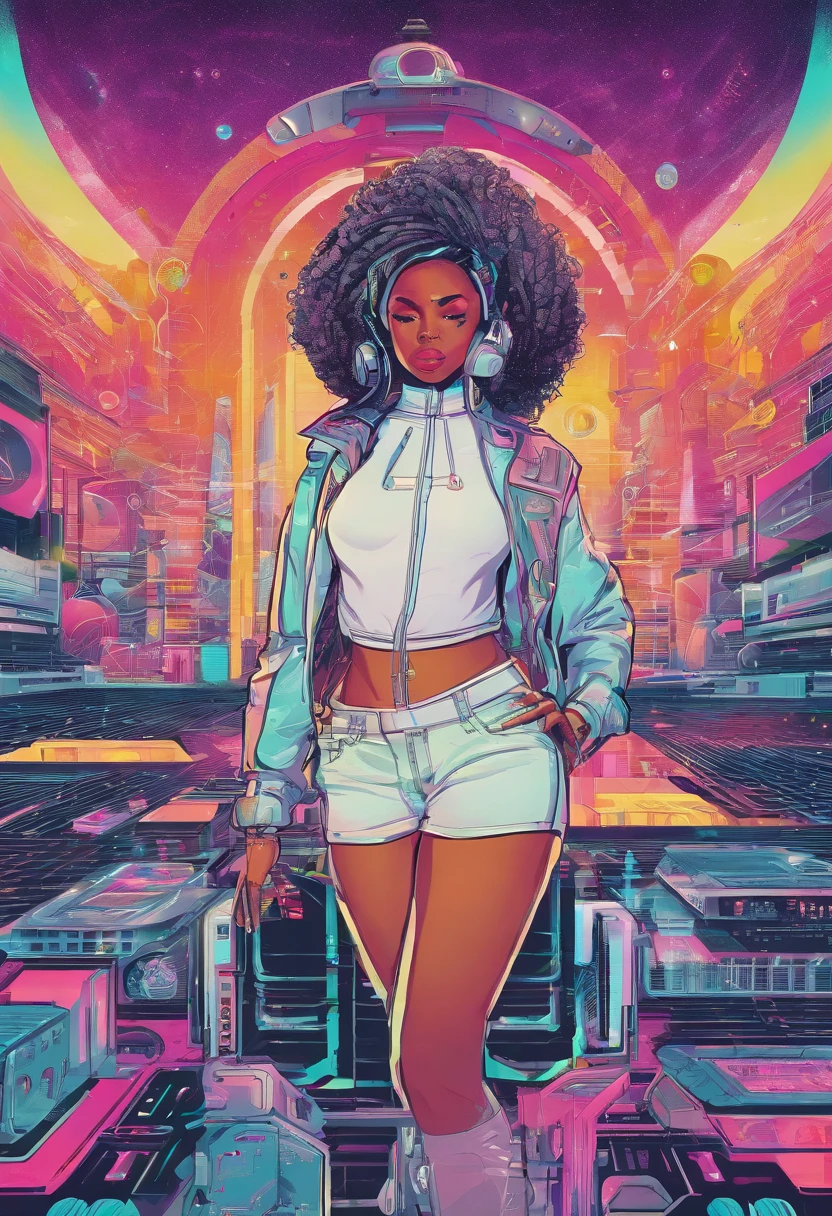 a female rapper hsurroinded an holding holographic ui of her new hip hop music album advert poseters