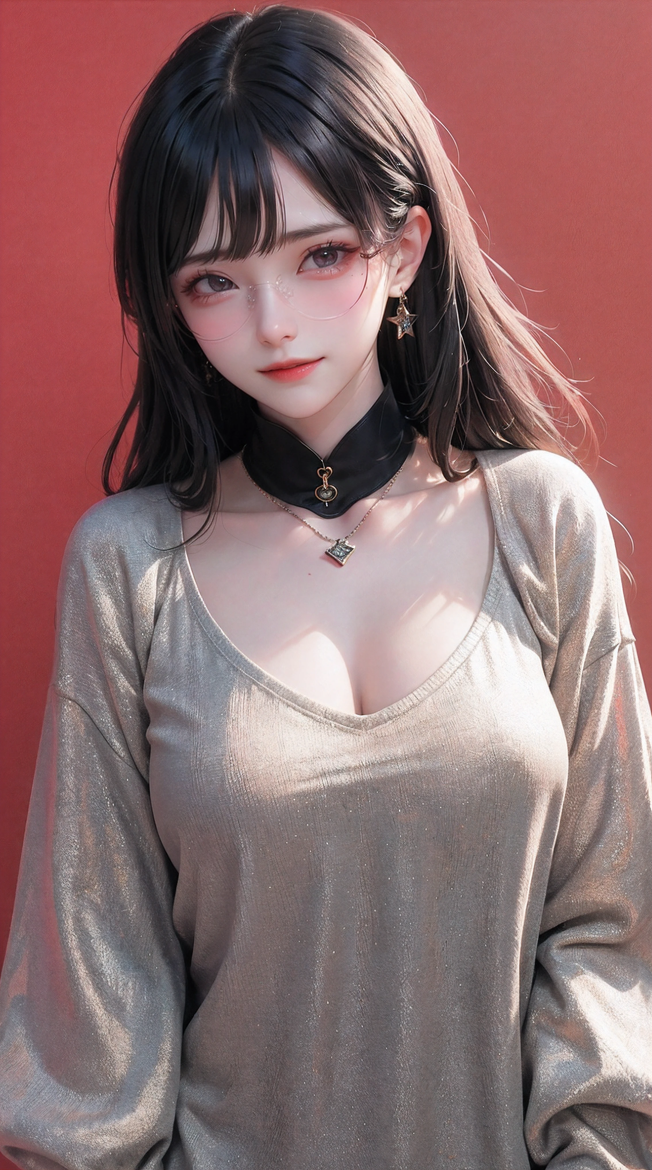 (()), a young girl with green and red lipstick and black hair wearing sunglasses, 1girl, solo, jewelry, long hair, looking at viewer, black hair, red background, mole, necklace, tinted eyewear, simple background, round eyewear, red-tinted eyewear, mole under mouth, sweater, bangs, upper body