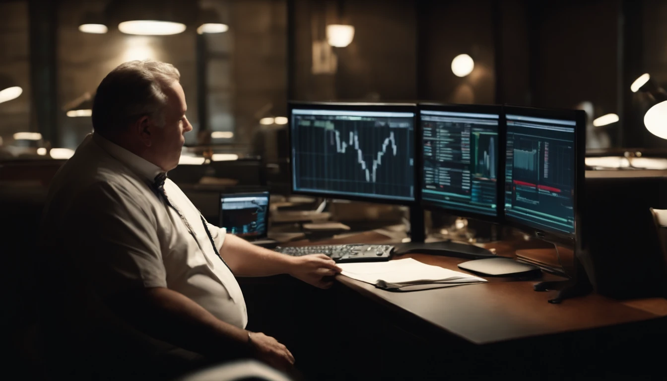 WITH YOUR BACK TO THE CAMERA, A 50-year-old man with short hair, a small chin, and an overweight constitution, con traje negro y camisa blanca, Mira el monitor de su computadora mostrando el mensaje "advertencia."